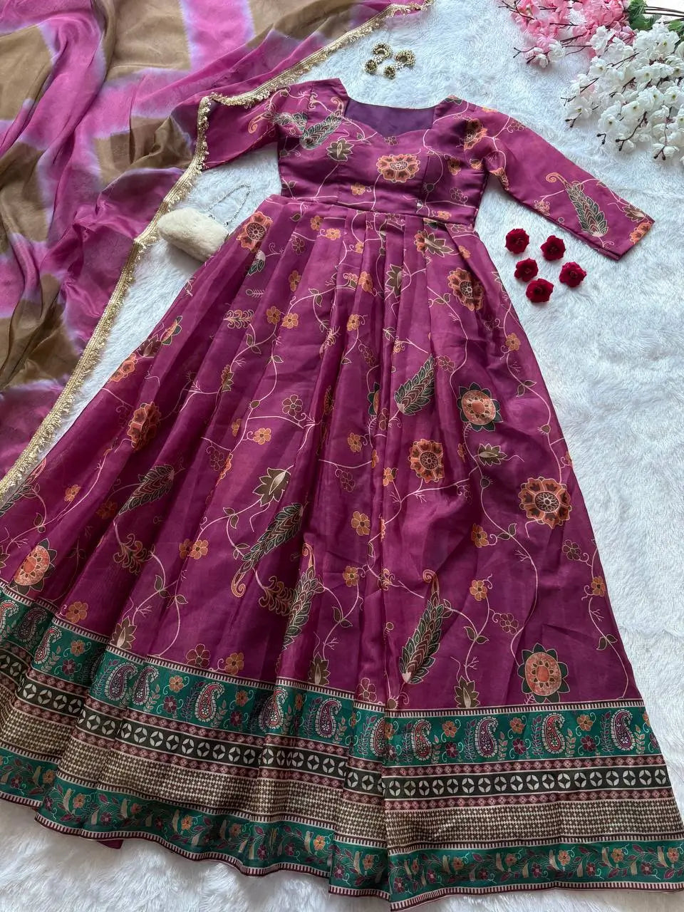 Digital Printed Organza Silk Anarkali Gown Set