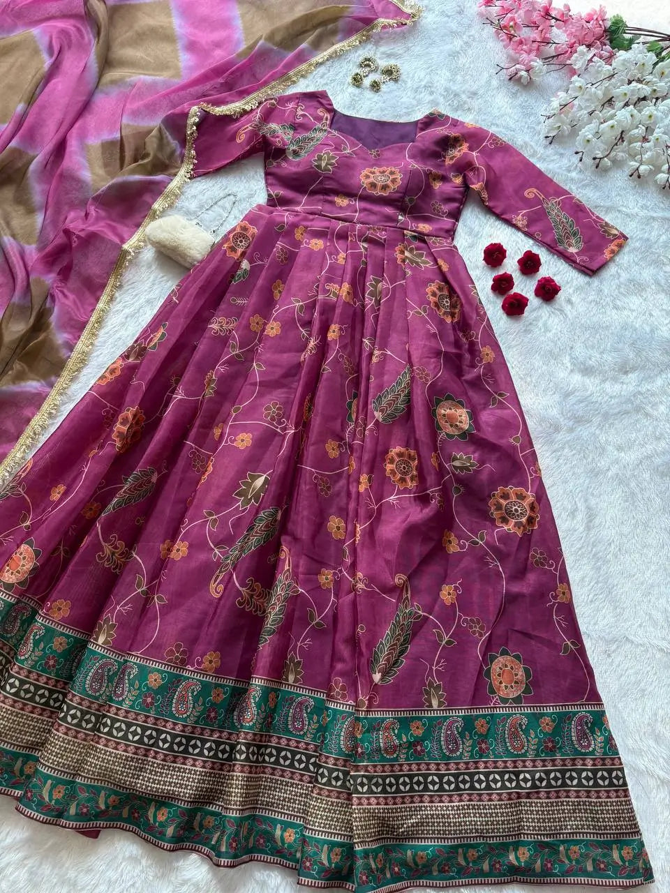 Digital Printed Organza Silk Anarkali Gown Set