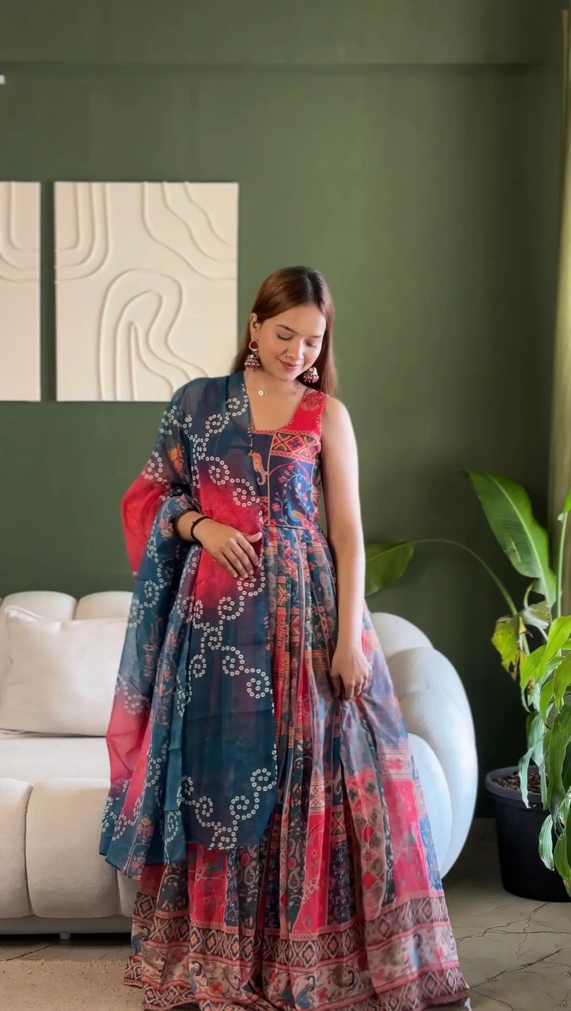 Digital Printed Organza Silk Anarkali Gown Set