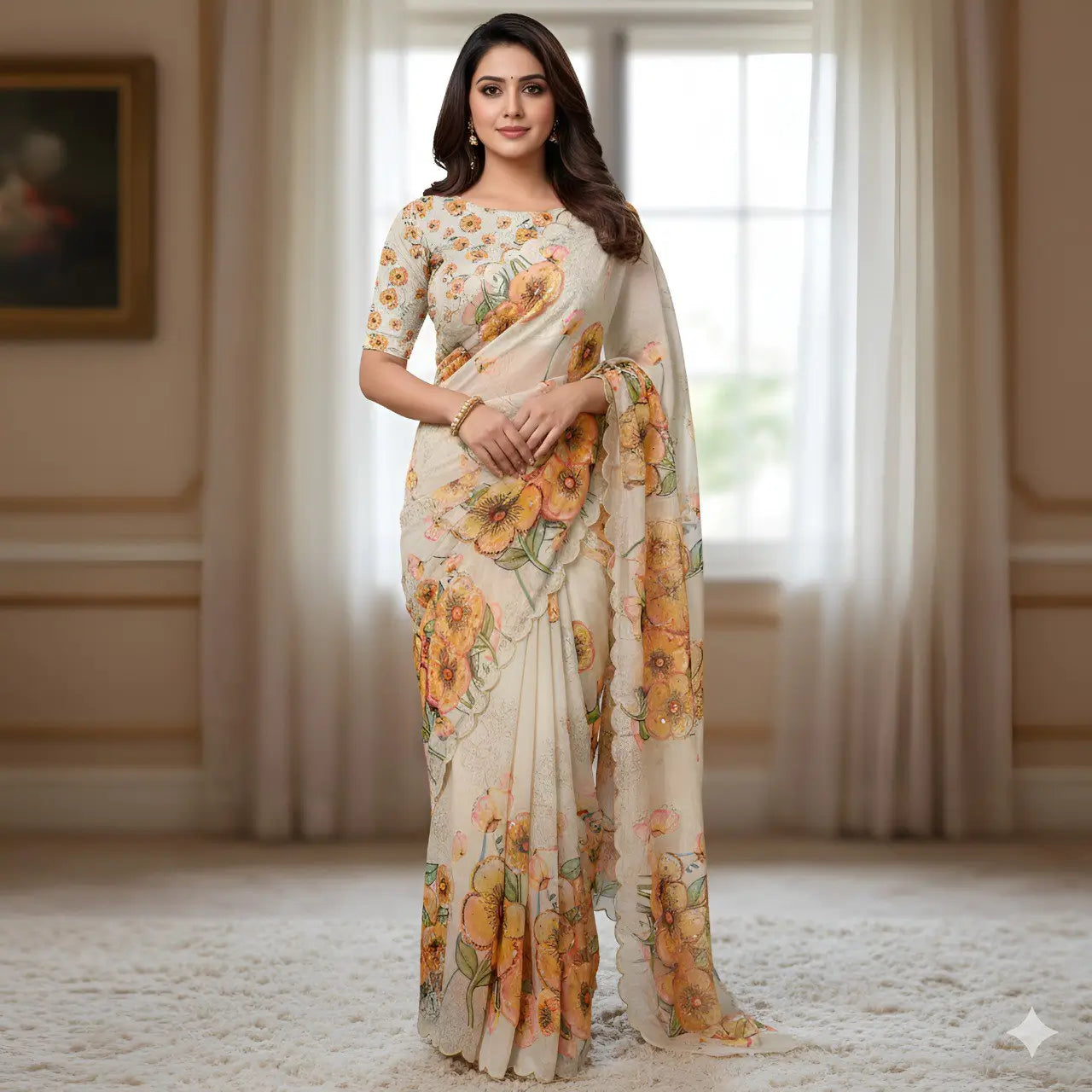 Digital Printed Organza Silk Saree with Handwork