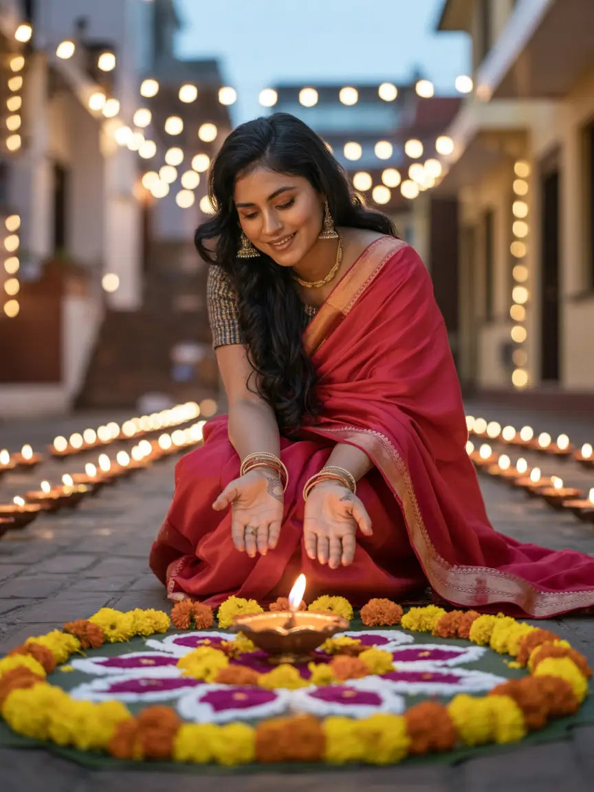 Woman in a red saree lighting a candle on a floral rangoli with string lights in the background