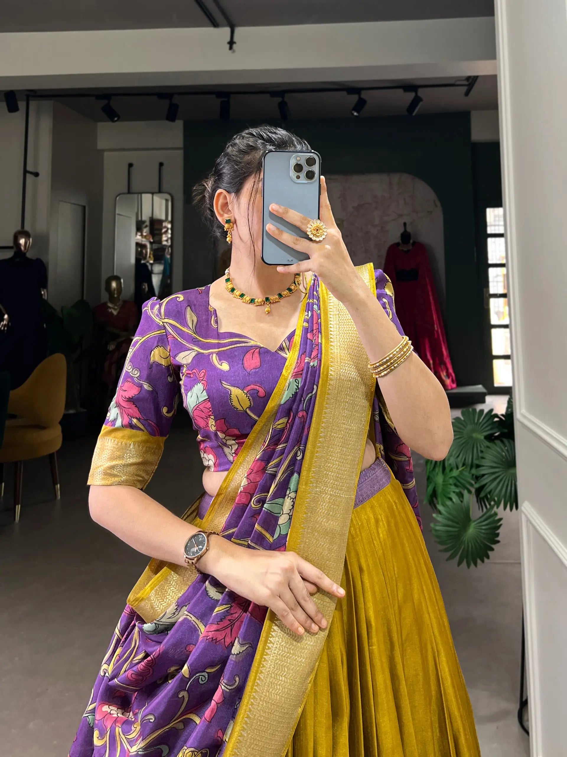 Dola Silk Kalamkari Print Zari Weaving Lehenga Set