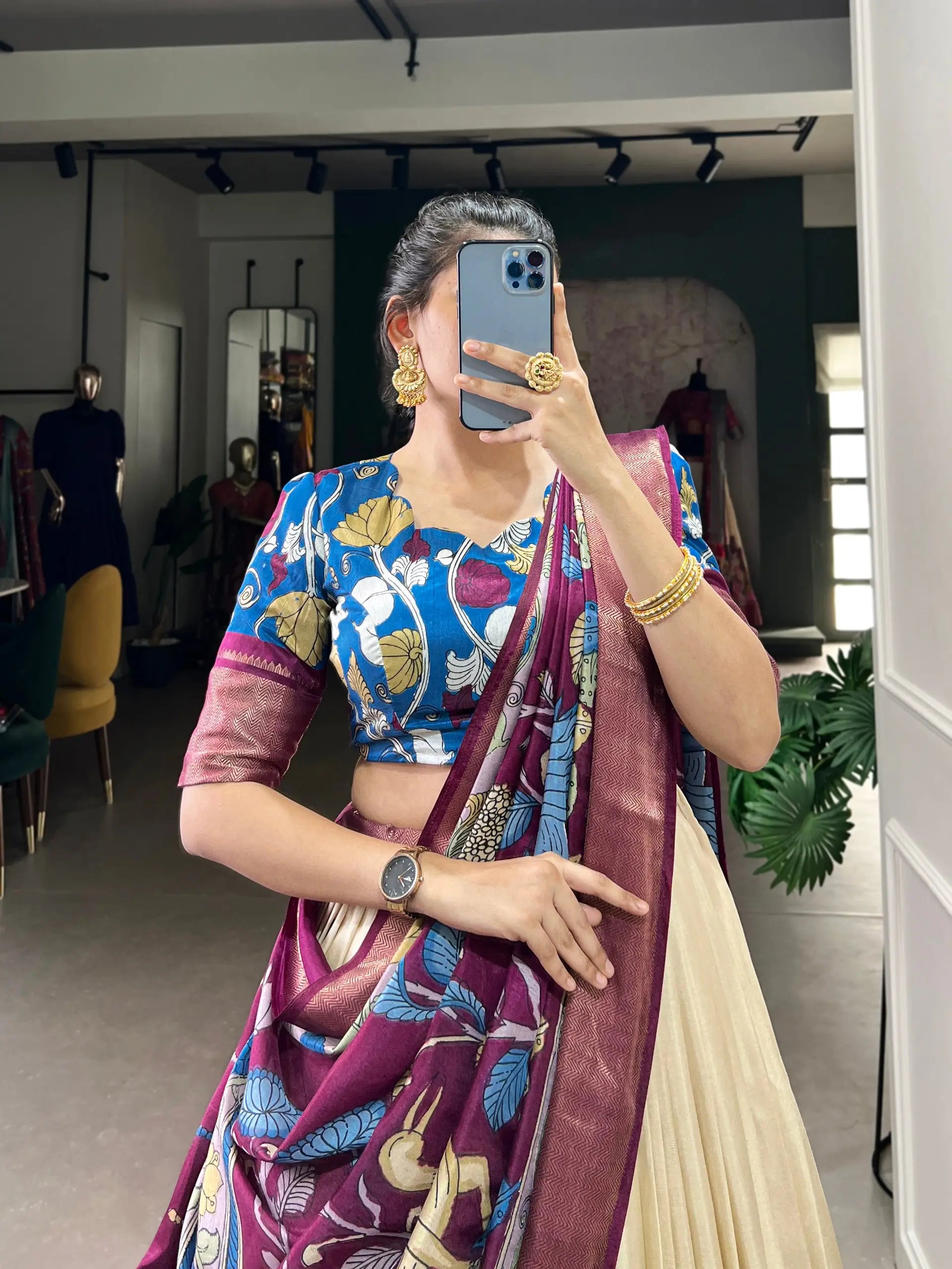 Dola Silk Kalamkari Print Zari Weaving Lehenga Set