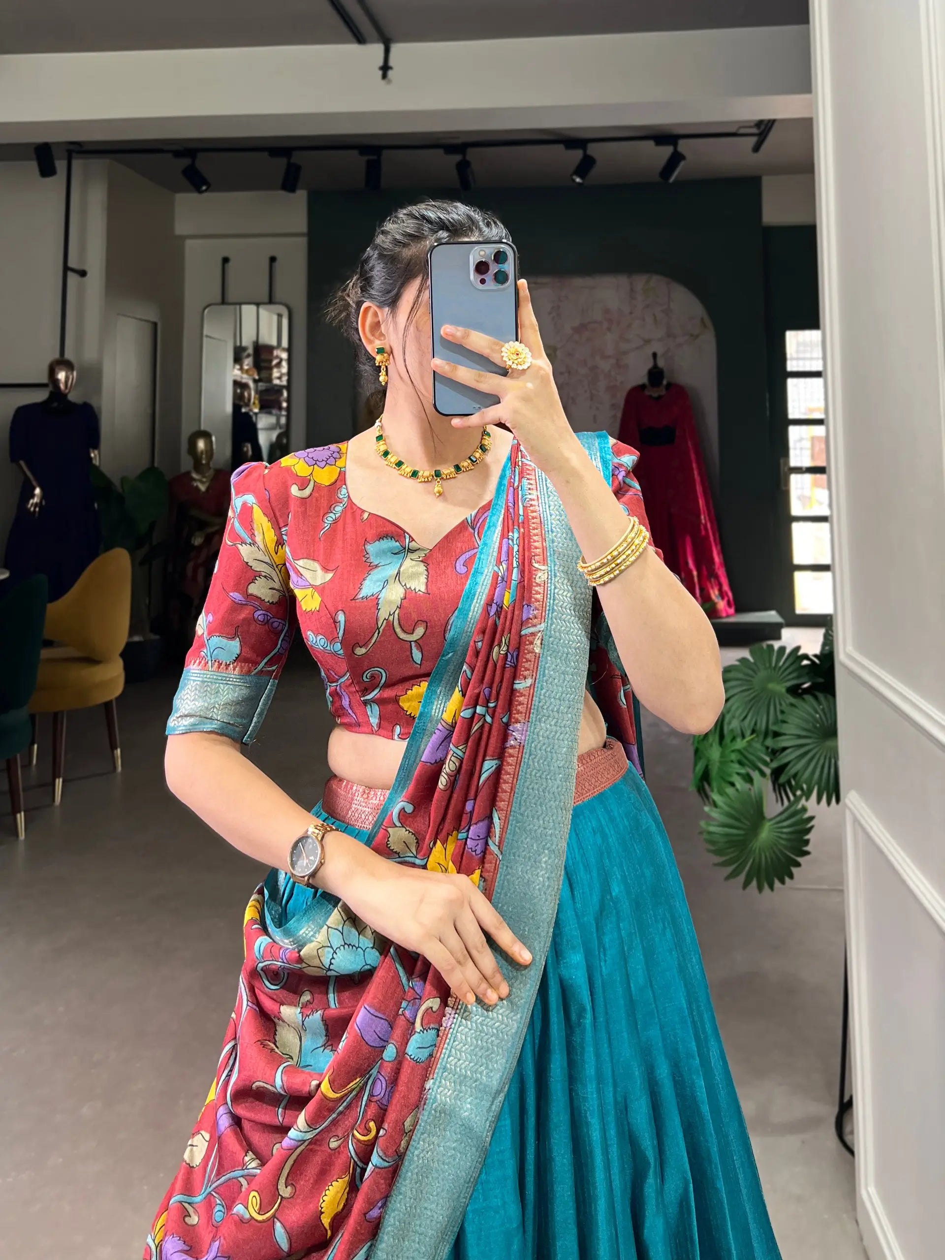 Dola Silk Kalamkari Print Zari Weaving Lehenga Set