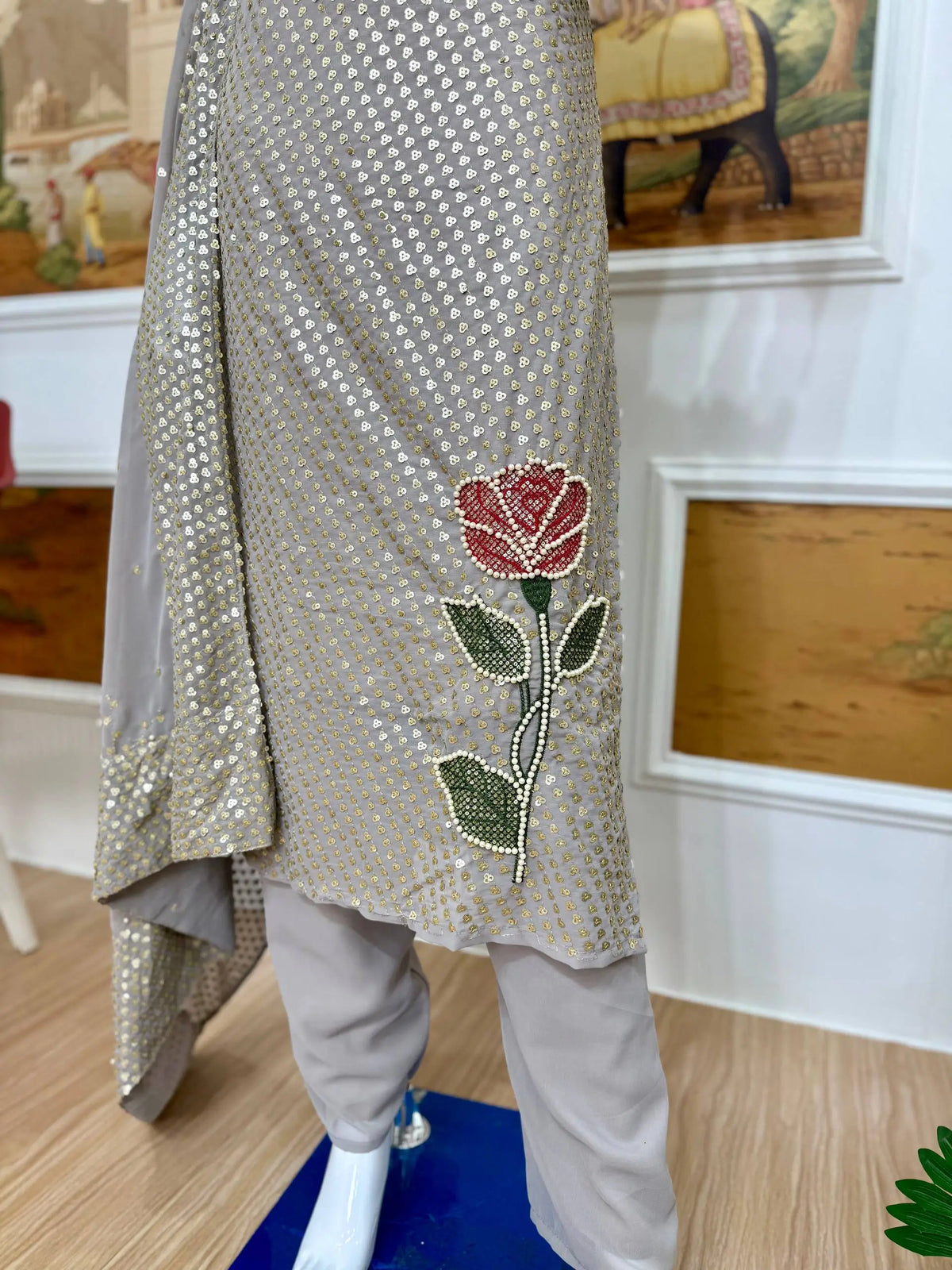 Dove Grey Faux Georgette Pearl Moti Embroidered Kurti Pant Set for Wedding & Festive Wear