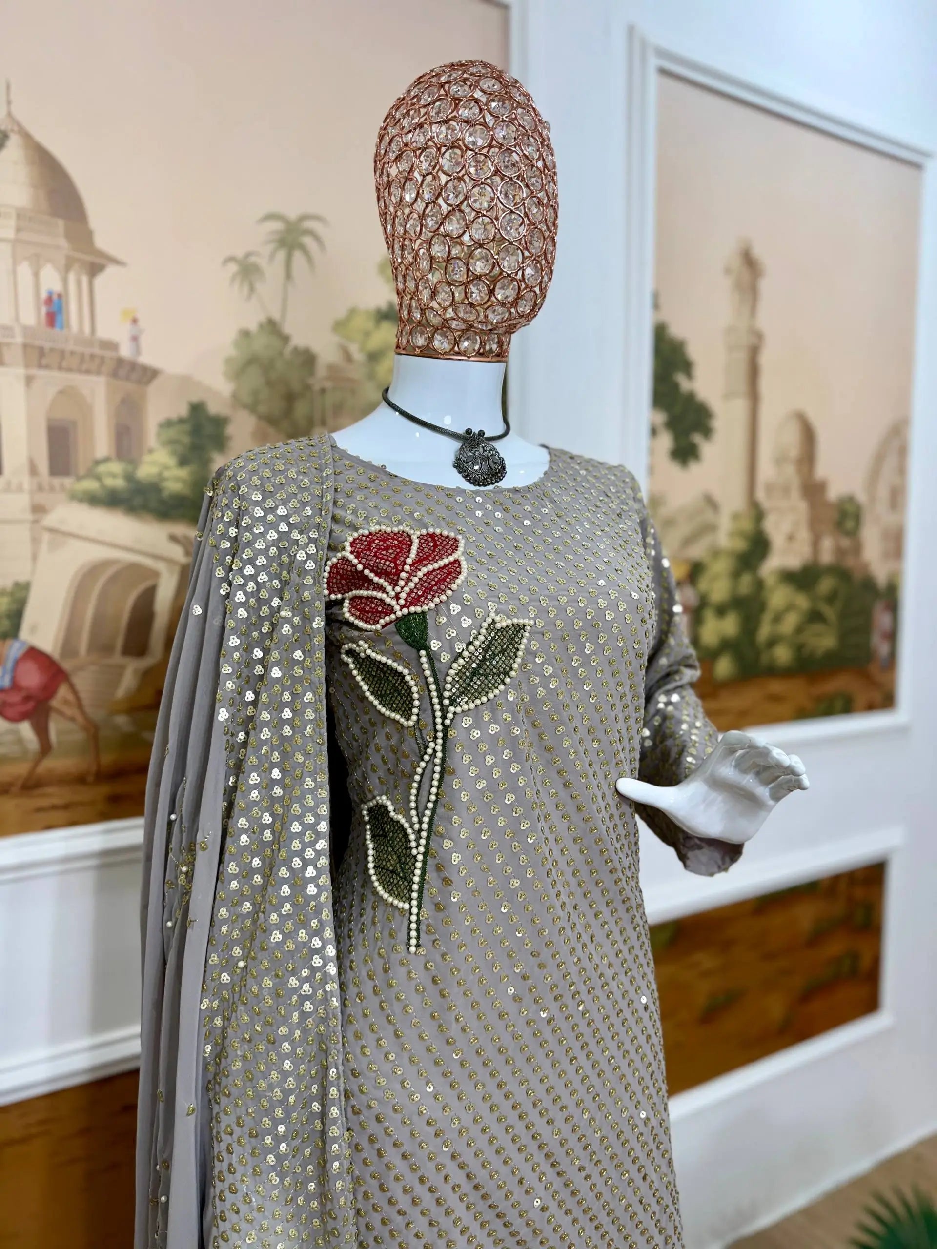 Dove Grey Faux Georgette Pearl Moti Embroidered Kurti Pant Set for Wedding & Festive Wear
