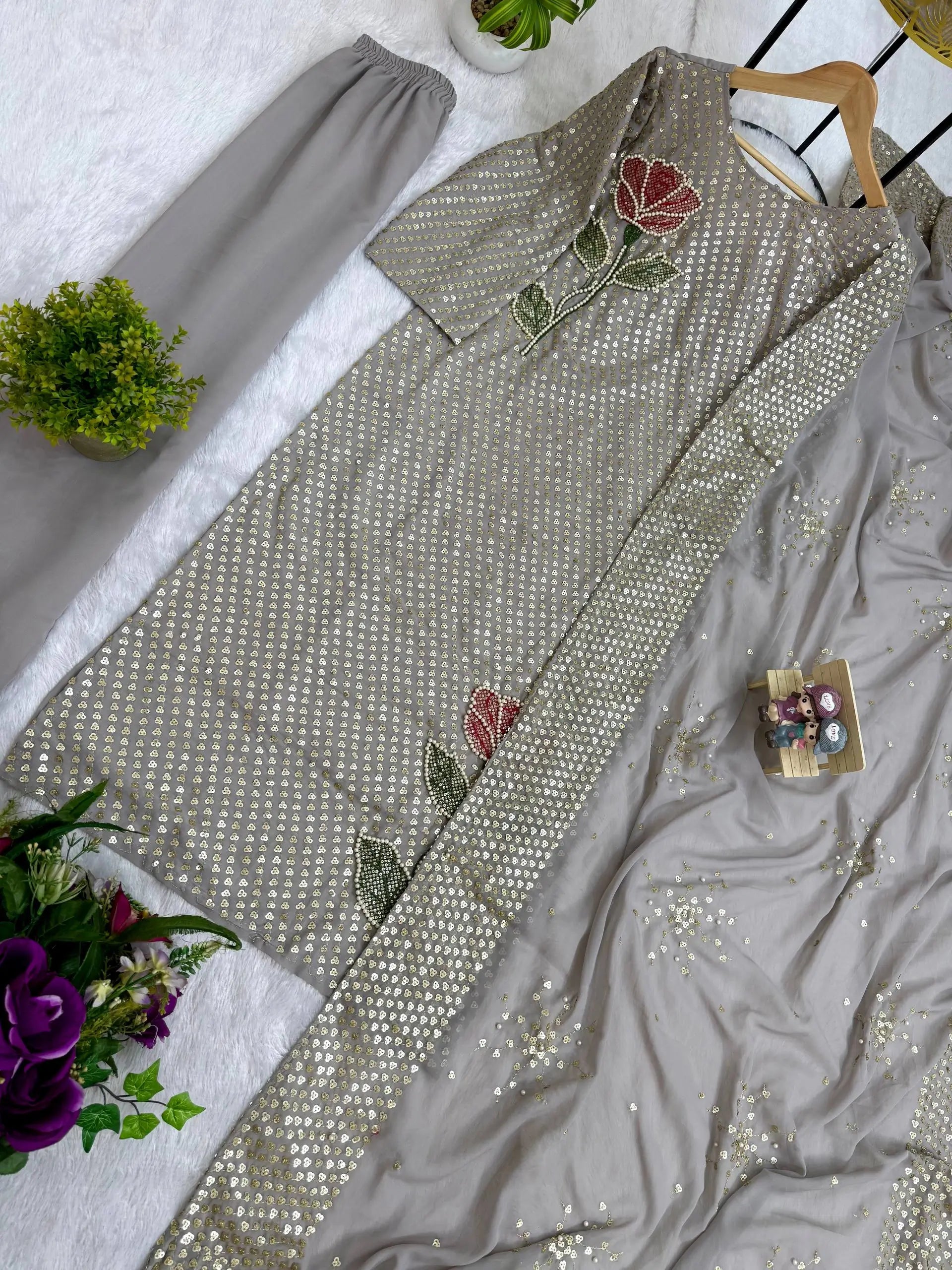 Dove Grey Faux Georgette Pearl Moti Embroidered Kurti Pant Set for Wedding & Festive Wear