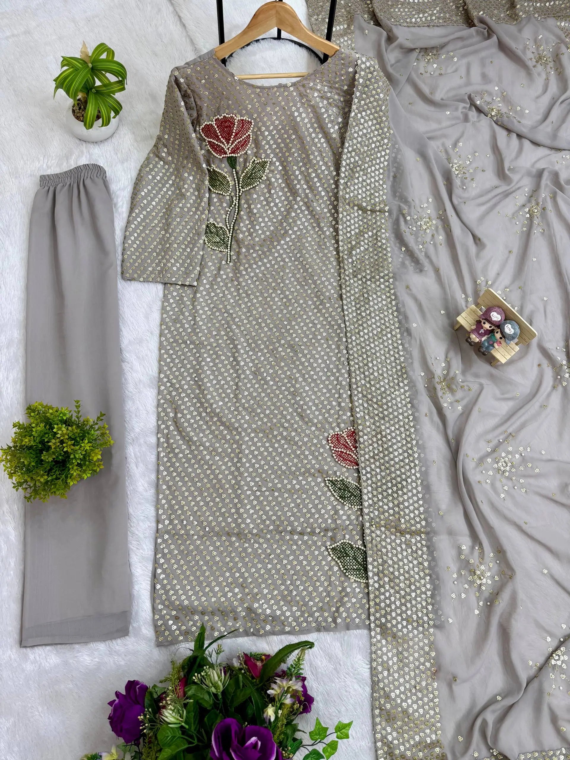Dove Grey Faux Georgette Pearl Moti Embroidered Kurti Pant Set for Wedding & Festive Wear
