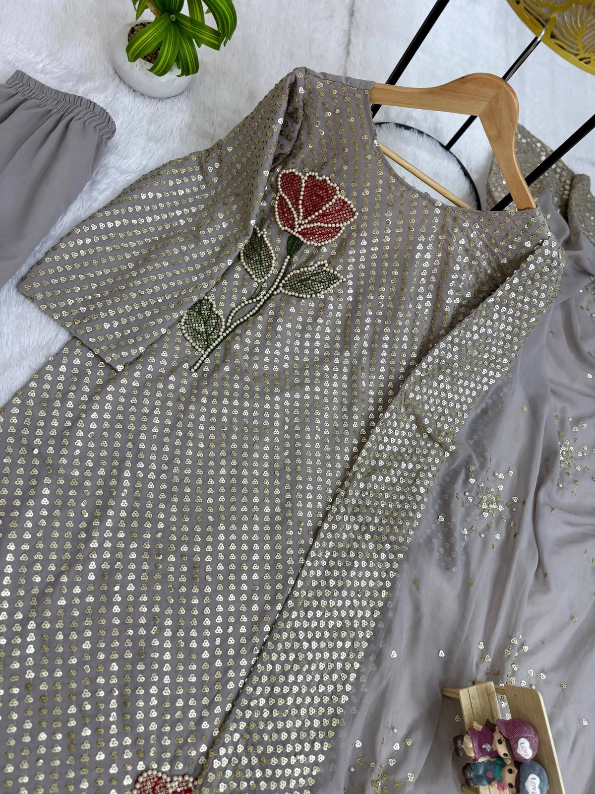 Dove Grey Faux Georgette Pearl Moti Embroidered Kurti Pant Set for Wedding & Festive Wear