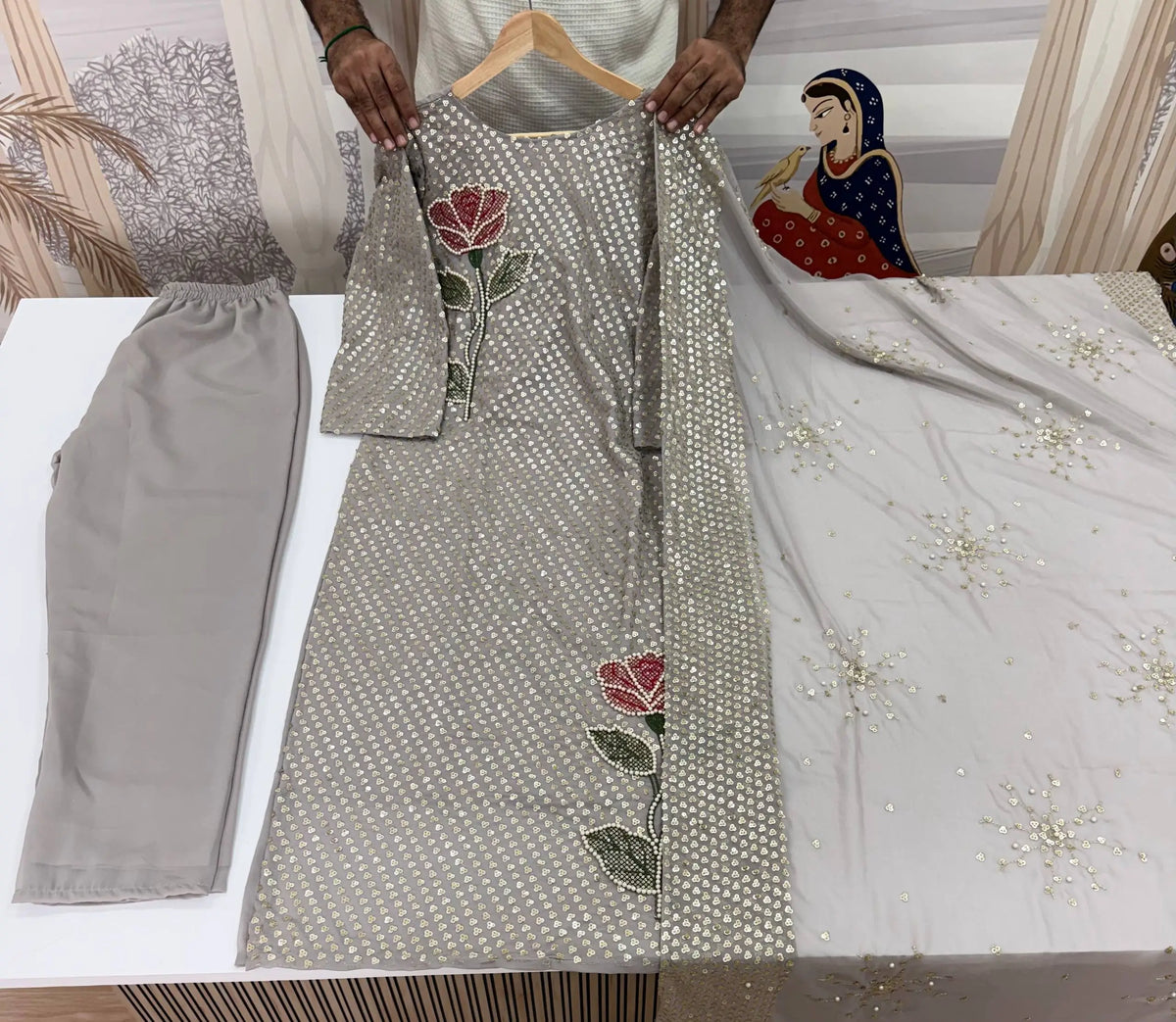 Dove Grey Faux Georgette Pearl Moti Embroidered Kurti Pant Set for Wedding & Festive Wear