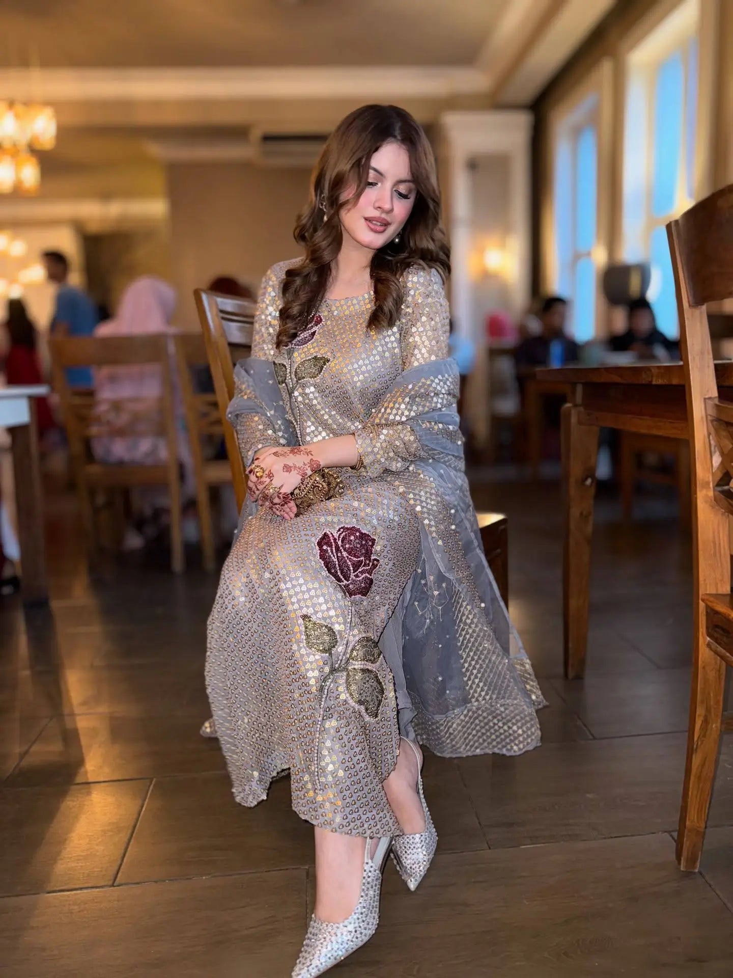 Dove Grey Faux Georgette Pearl Moti Embroidered Kurti Pant Set for Wedding & Festive Wear