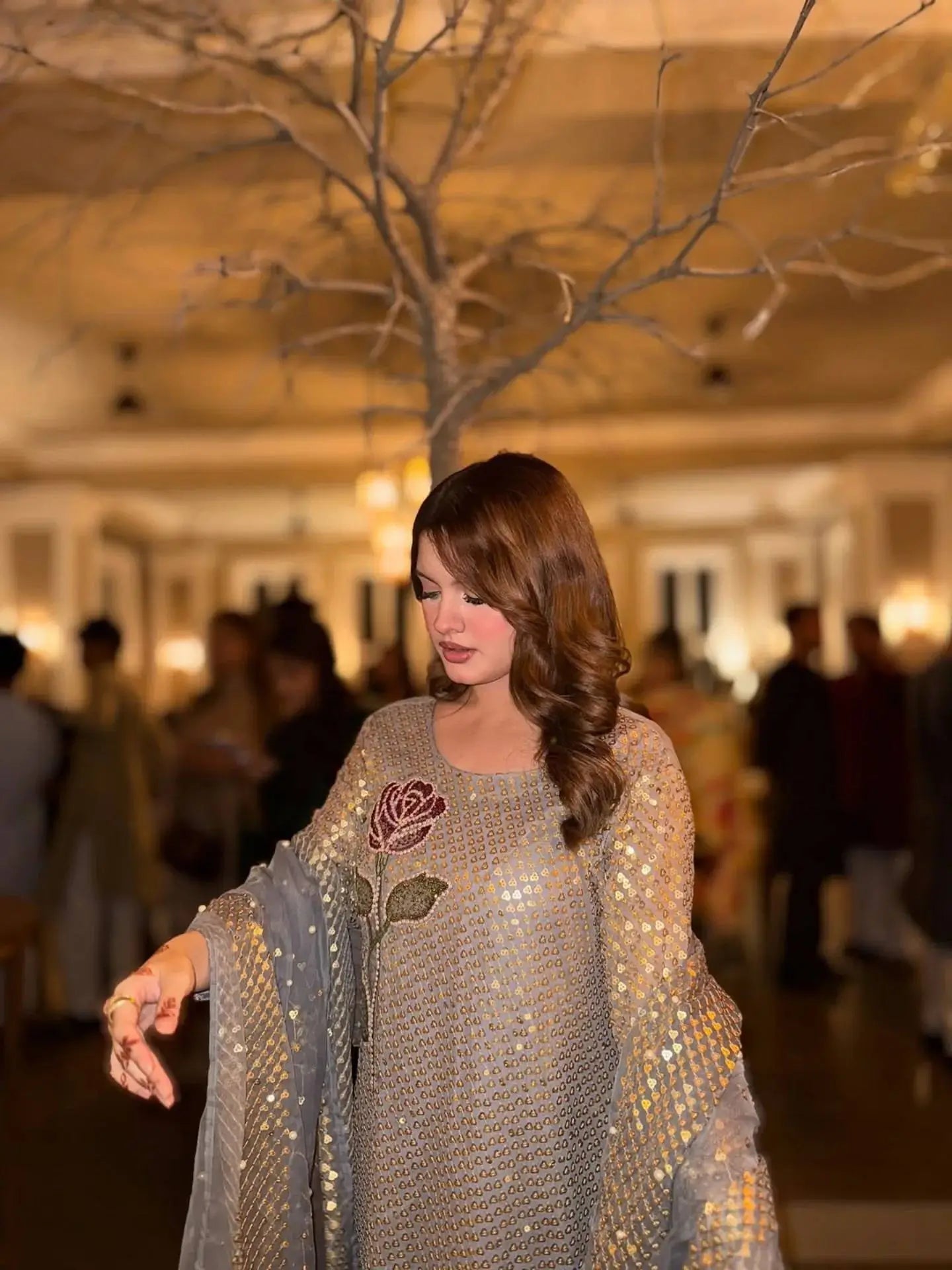 Dove Grey Faux Georgette Pearl Moti Embroidered Kurti Pant Set for Wedding & Festive Wear