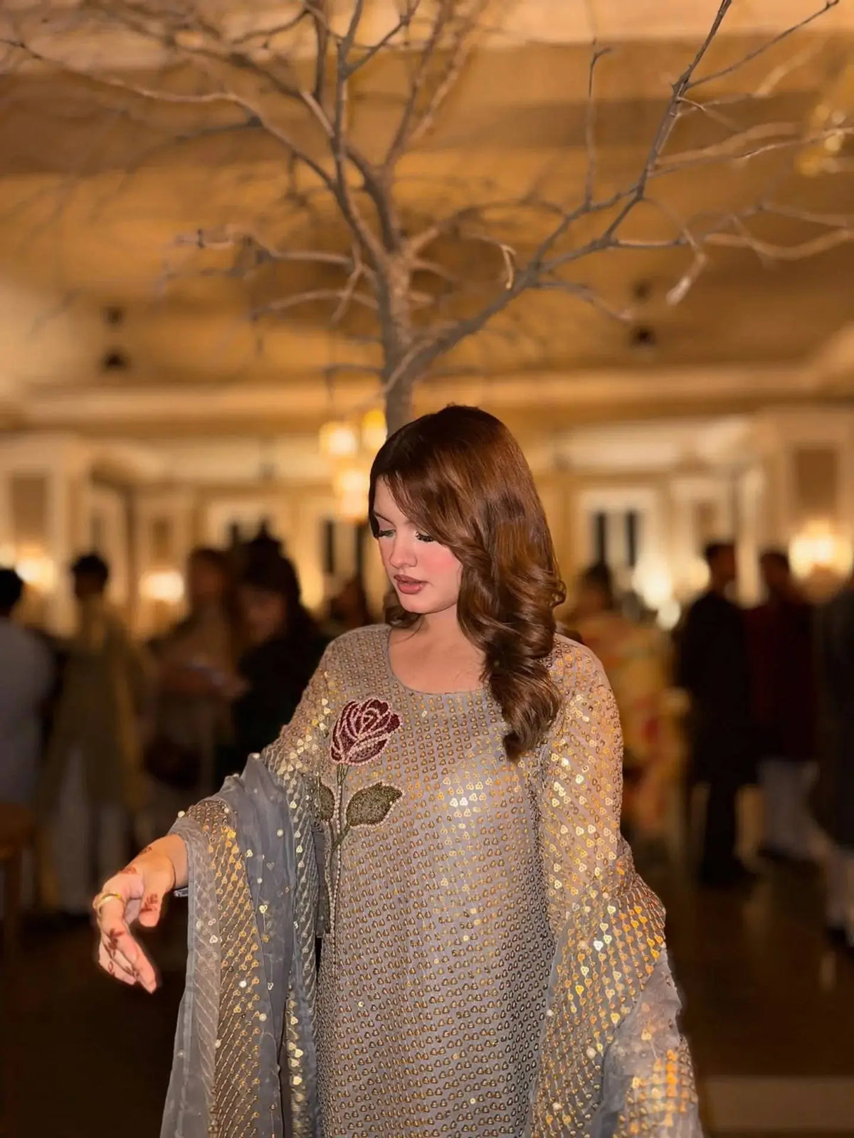 Dove Grey Faux Georgette Pearl Moti Embroidered Kurti Pant Set for Wedding & Festive Wear