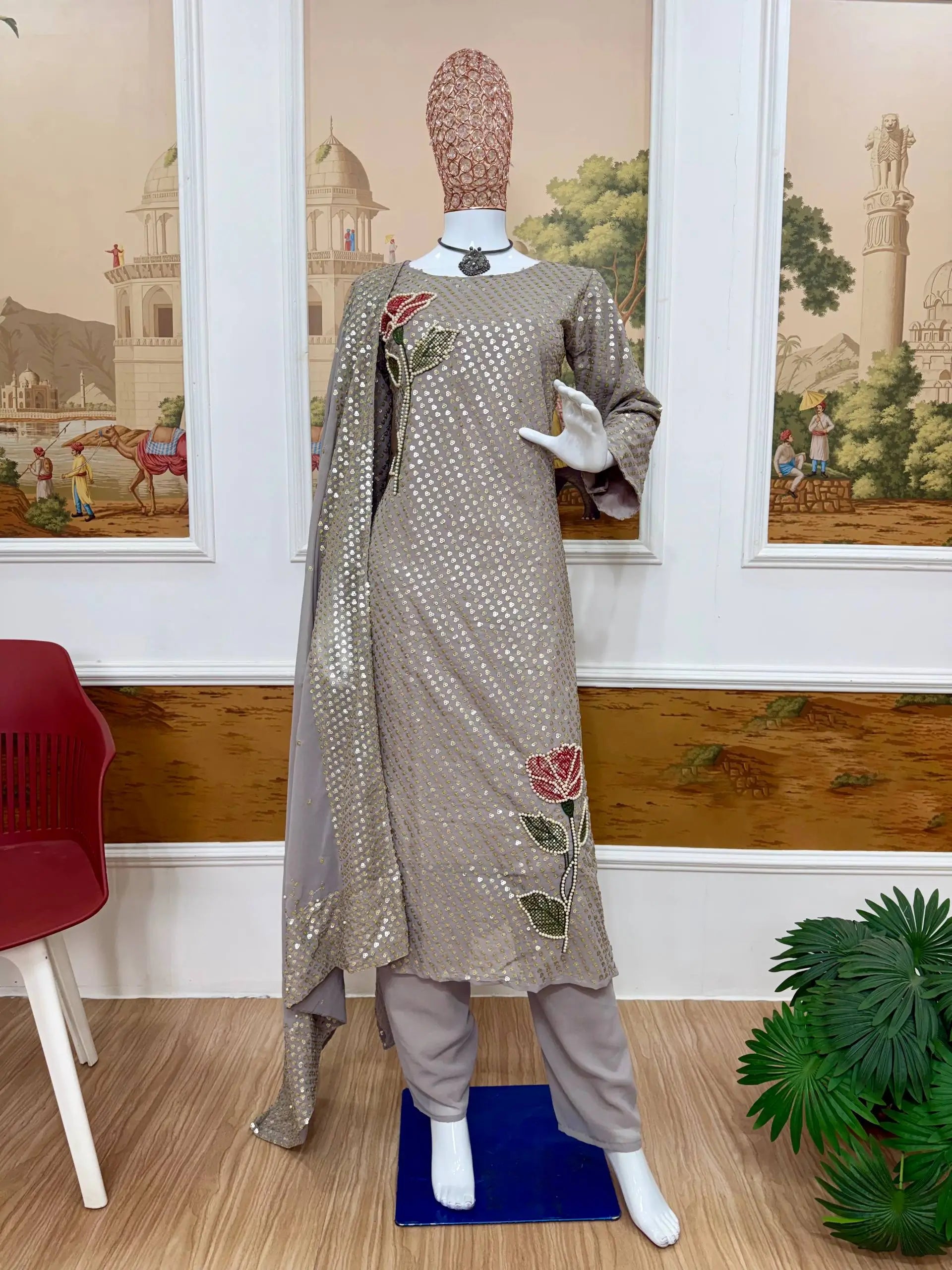 Dove Grey Faux Georgette Pearl Moti Embroidered Kurti Pant Set for Wedding & Festive Wear