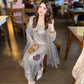Dove Grey Faux Georgette Pearl Moti Embroidered Kurti Pant Set for Wedding & Festive Wear