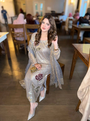 Dove Grey Faux Georgette Pearl Moti Embroidered Kurti Pant Set for Wedding & Festive Wear