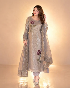 Dove Grey Faux Georgette Pearl Moti Embroidered Kurti Pant Set for Wedding & Festive Wear