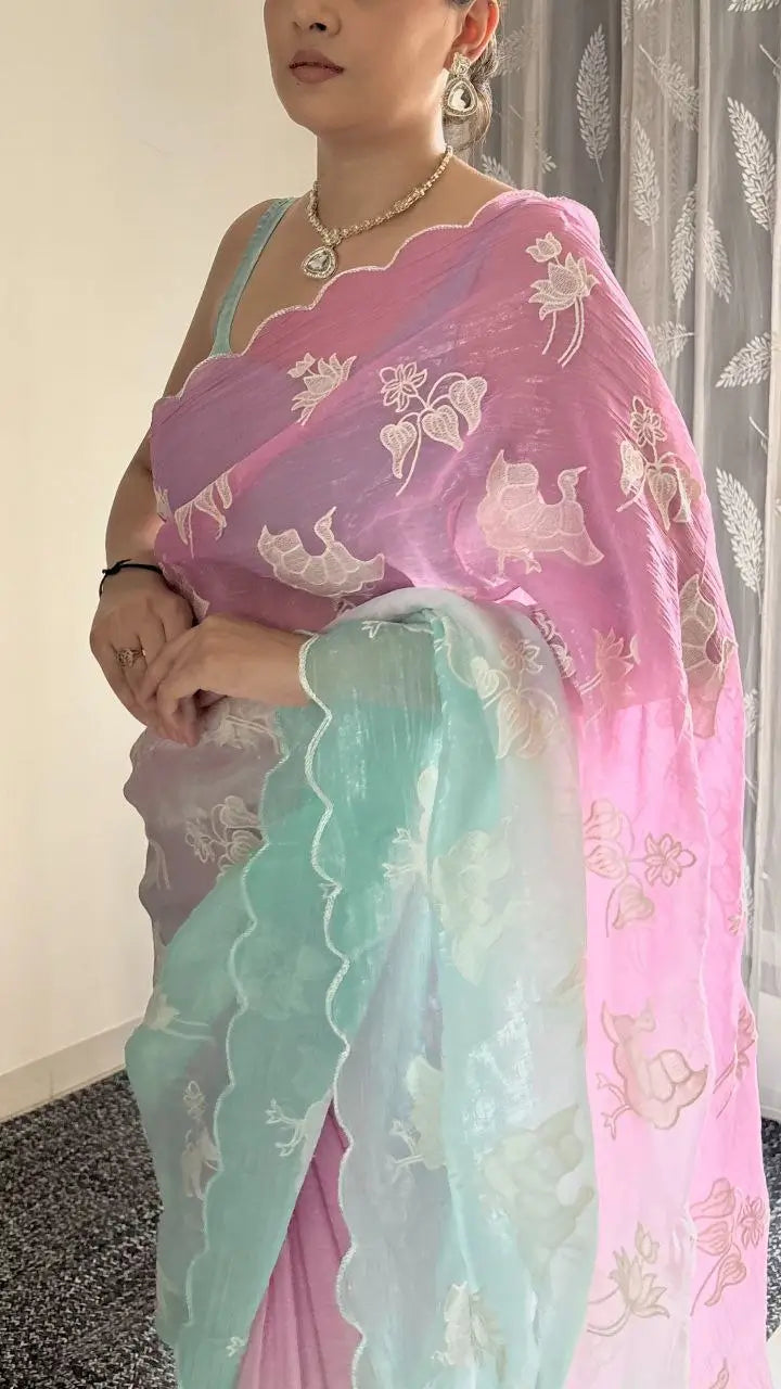 Dual Shade Crunchy Silk Saree with Embroidered Blouse