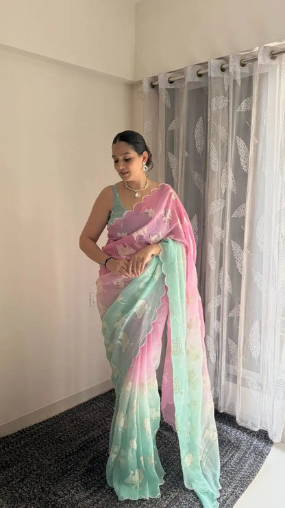 Dual Shade Crunchy Silk Saree with Embroidered Blouse