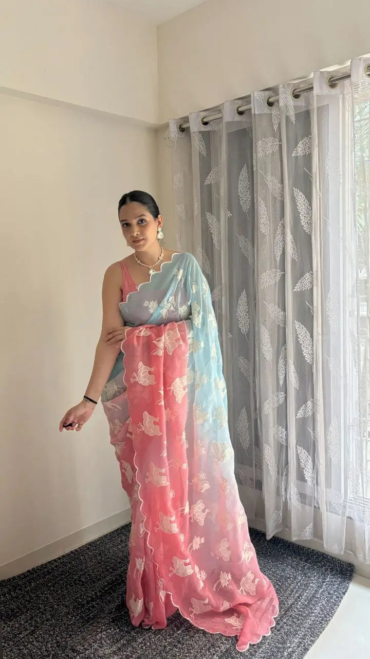 Dual Shade Crunchy Silk Saree with Embroidered Blouse