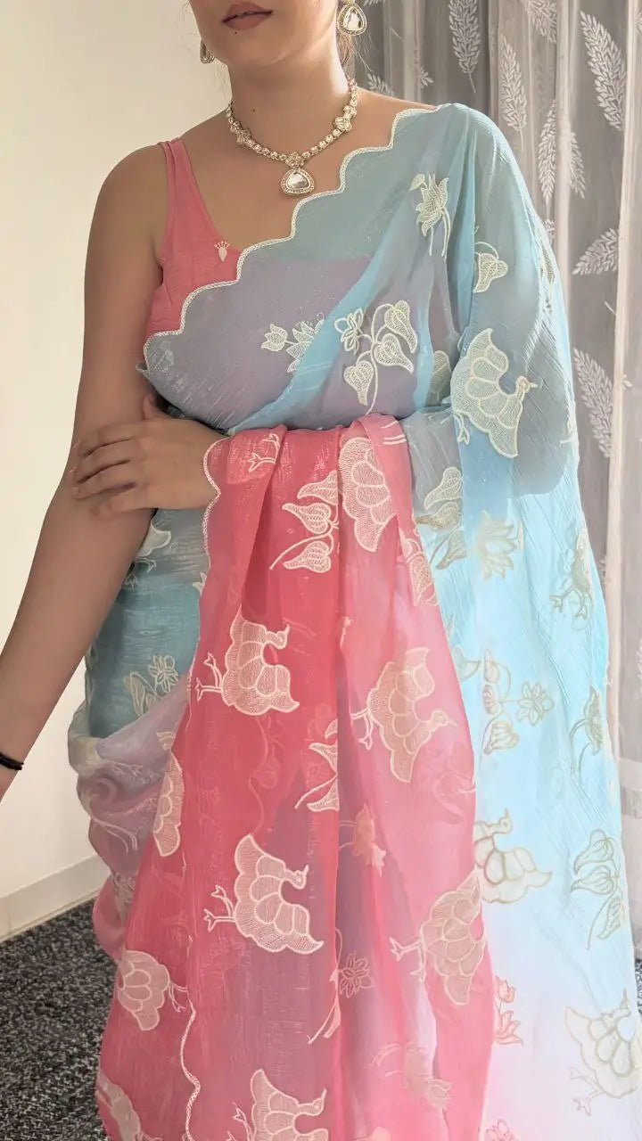 Dual Shade Crunchy Silk Saree with Embroidered Blouse