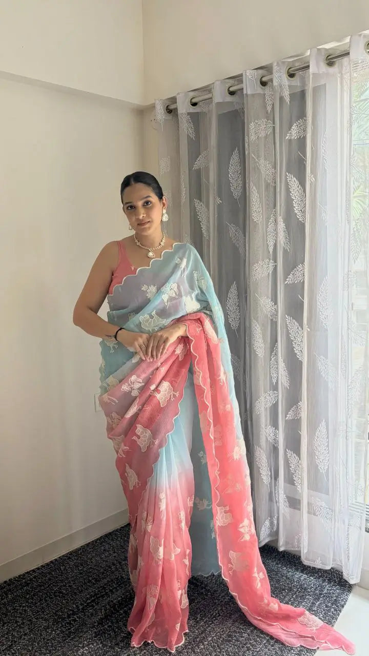 Dual Shade Crunchy Silk Saree with Embroidered Blouse