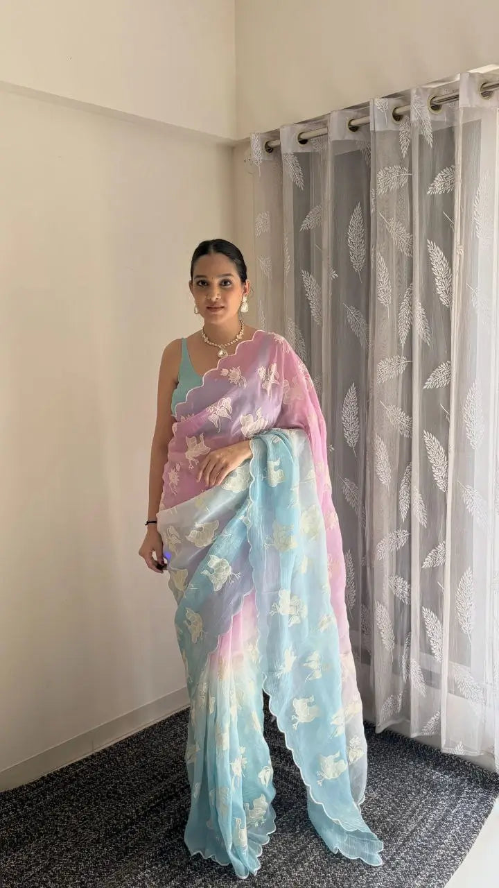 Dual Shade Crunchy Silk Saree with Embroidered Blouse