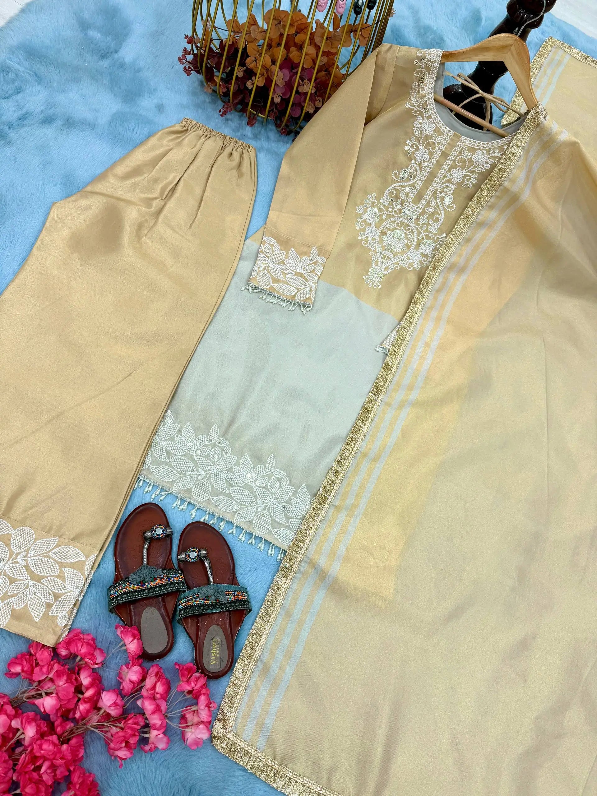 Dual Tone Banarasi Silk Palazzo Suit Set for Wedding and Festive Wear