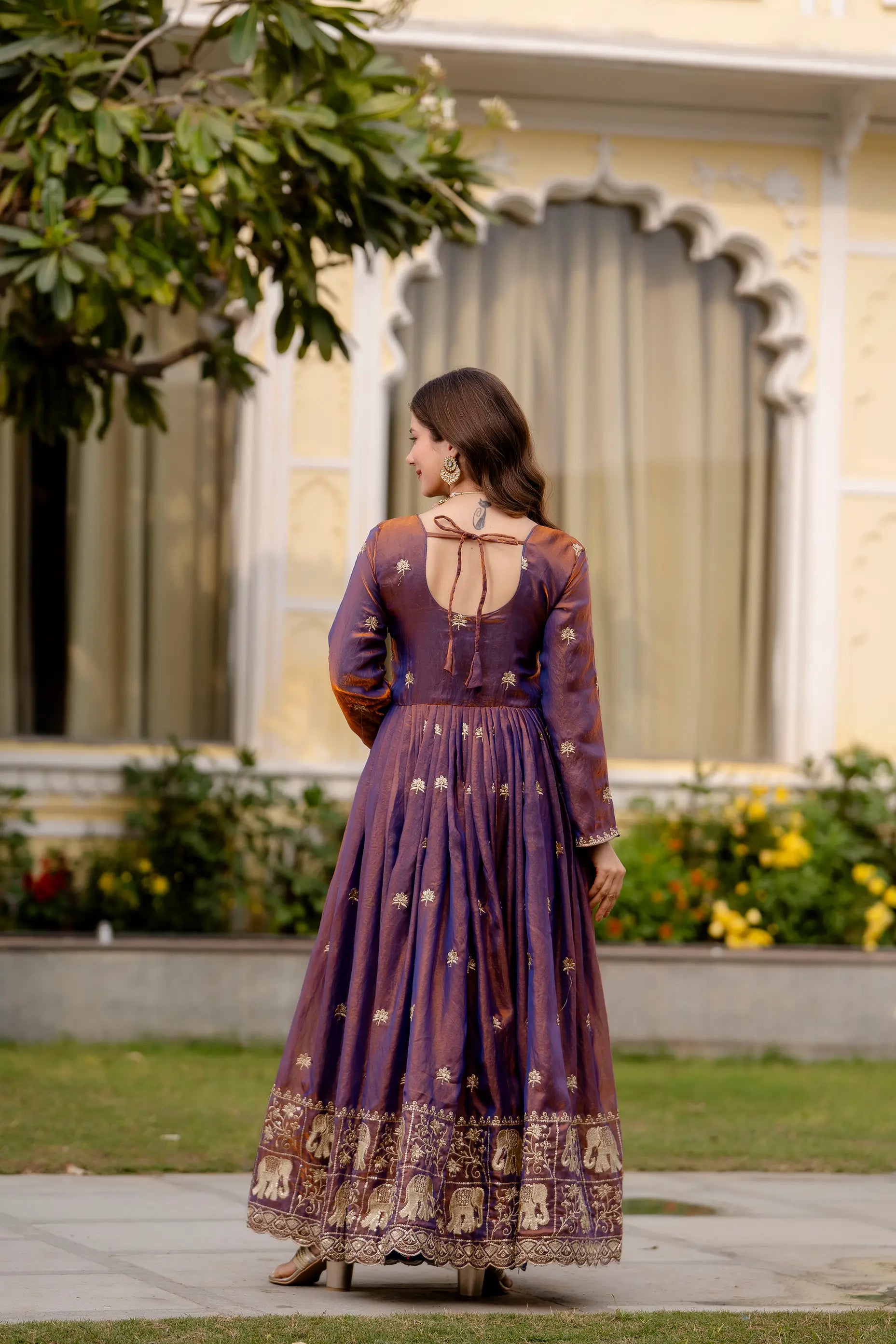 Dual Tone Embroidered Fendy Satin Flared Gown Set