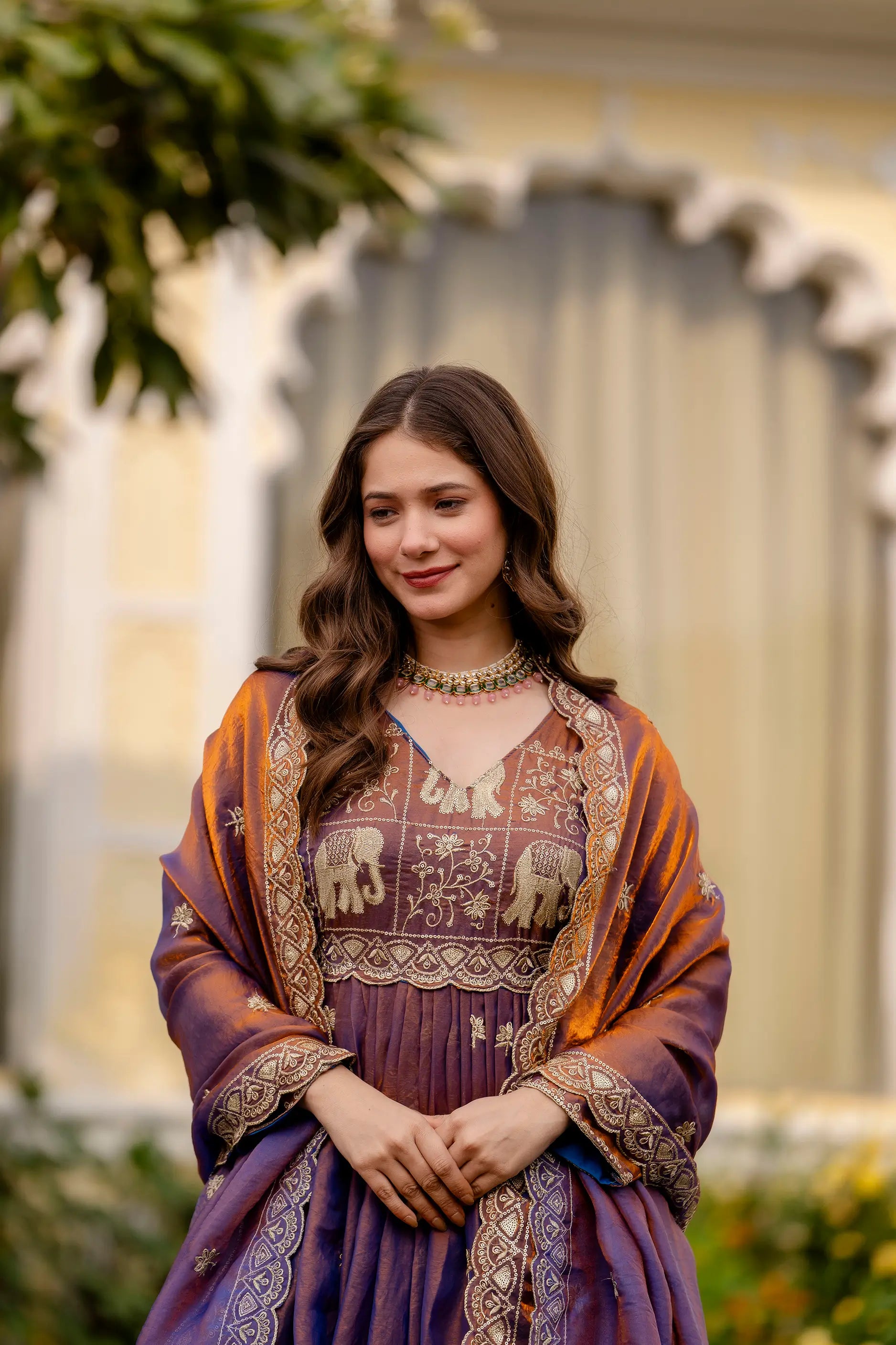 Dual Tone Embroidered Fendy Satin Flared Gown Set