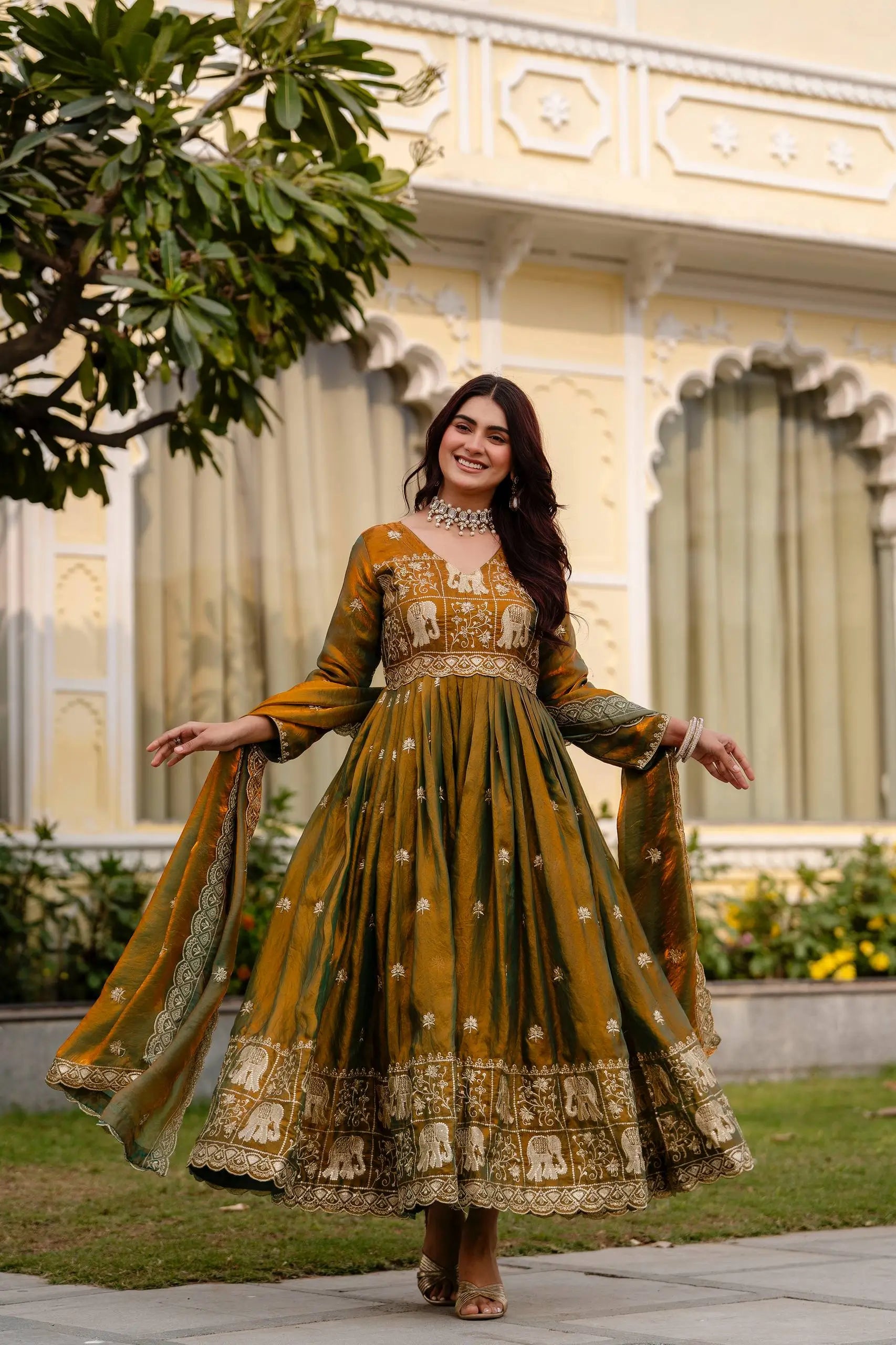 Dual Tone Embroidered Fendy Satin Flared Gown Set