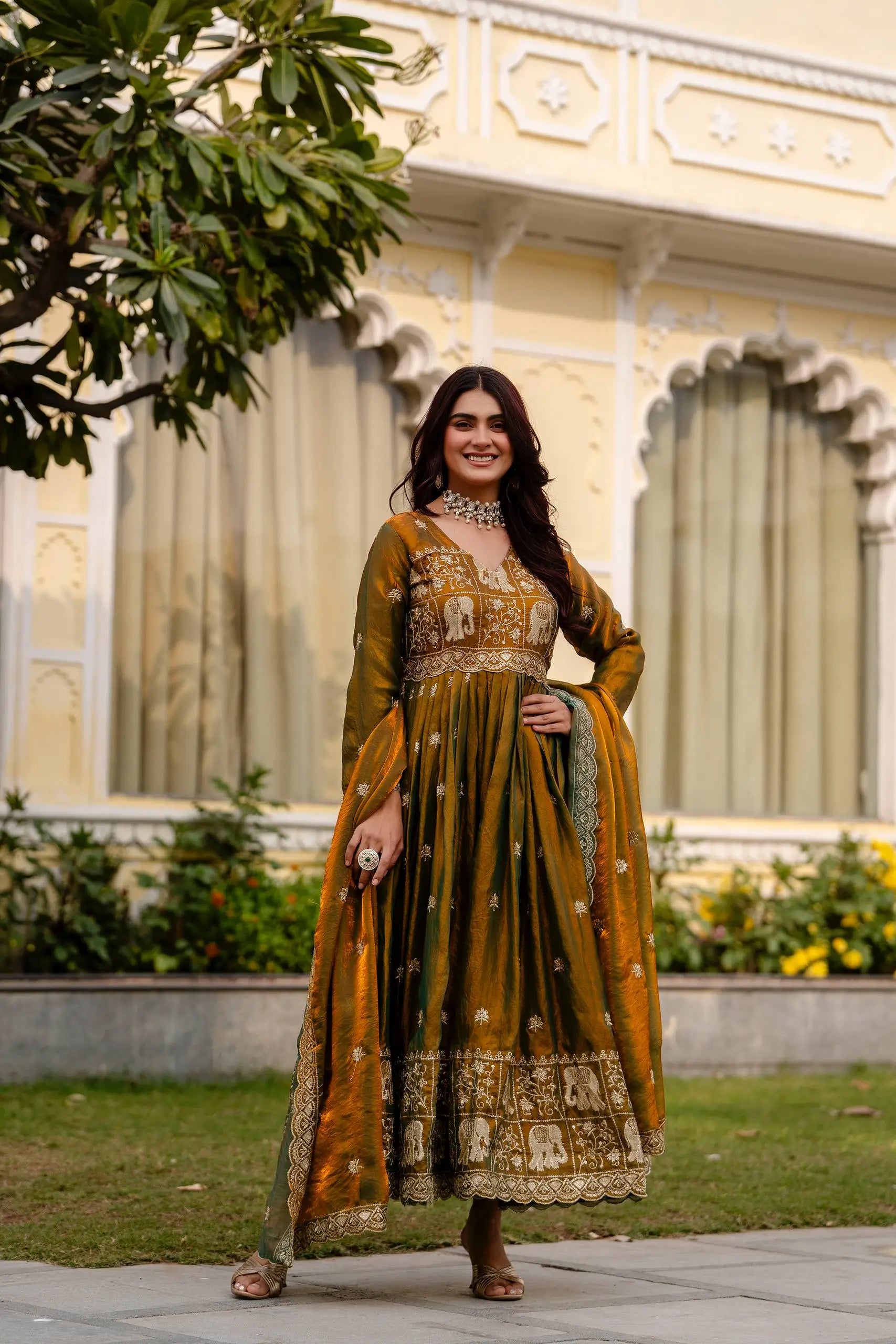 Dual Tone Embroidered Fendy Satin Flared Gown Set