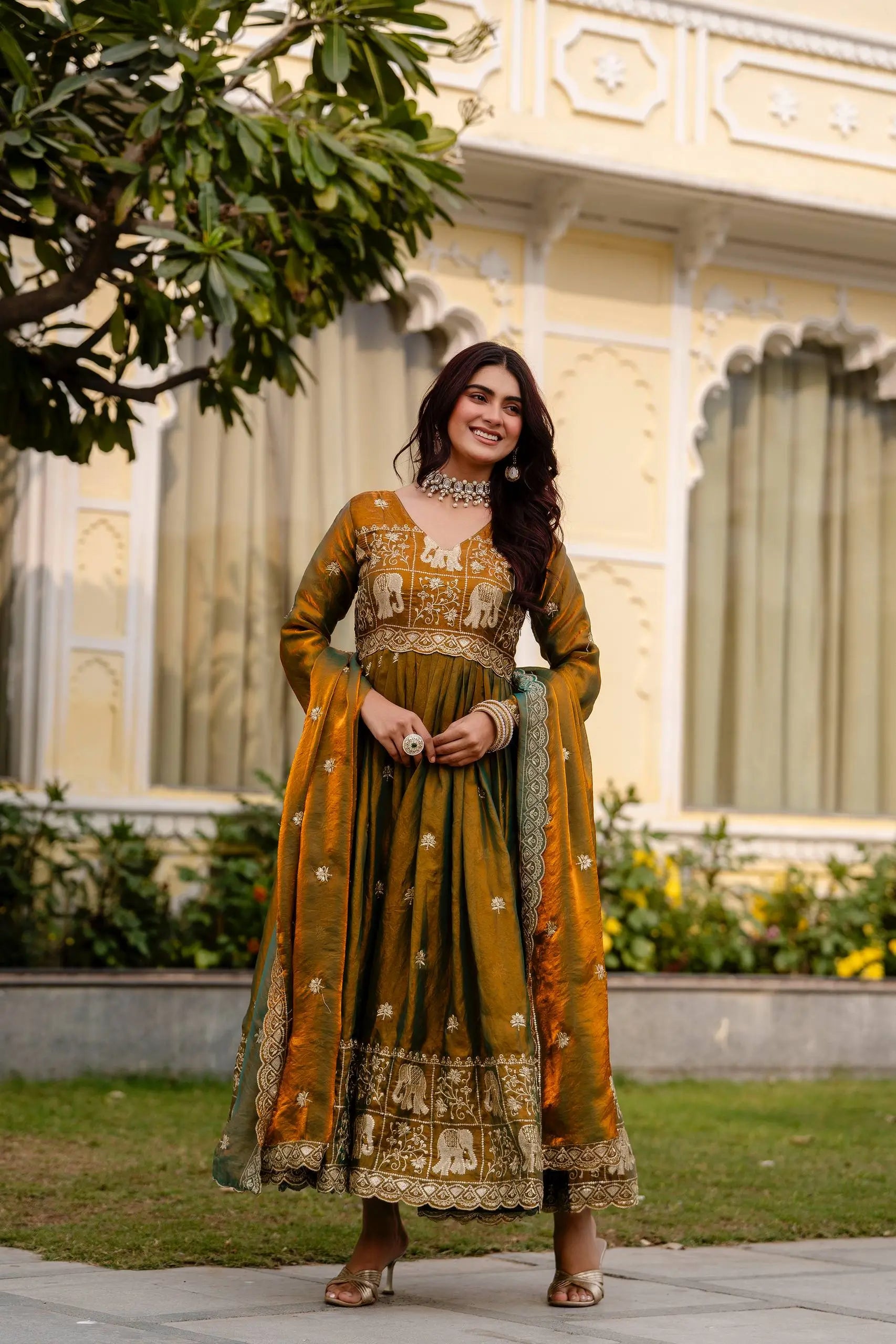 Dual Tone Embroidered Fendy Satin Flared Gown Set