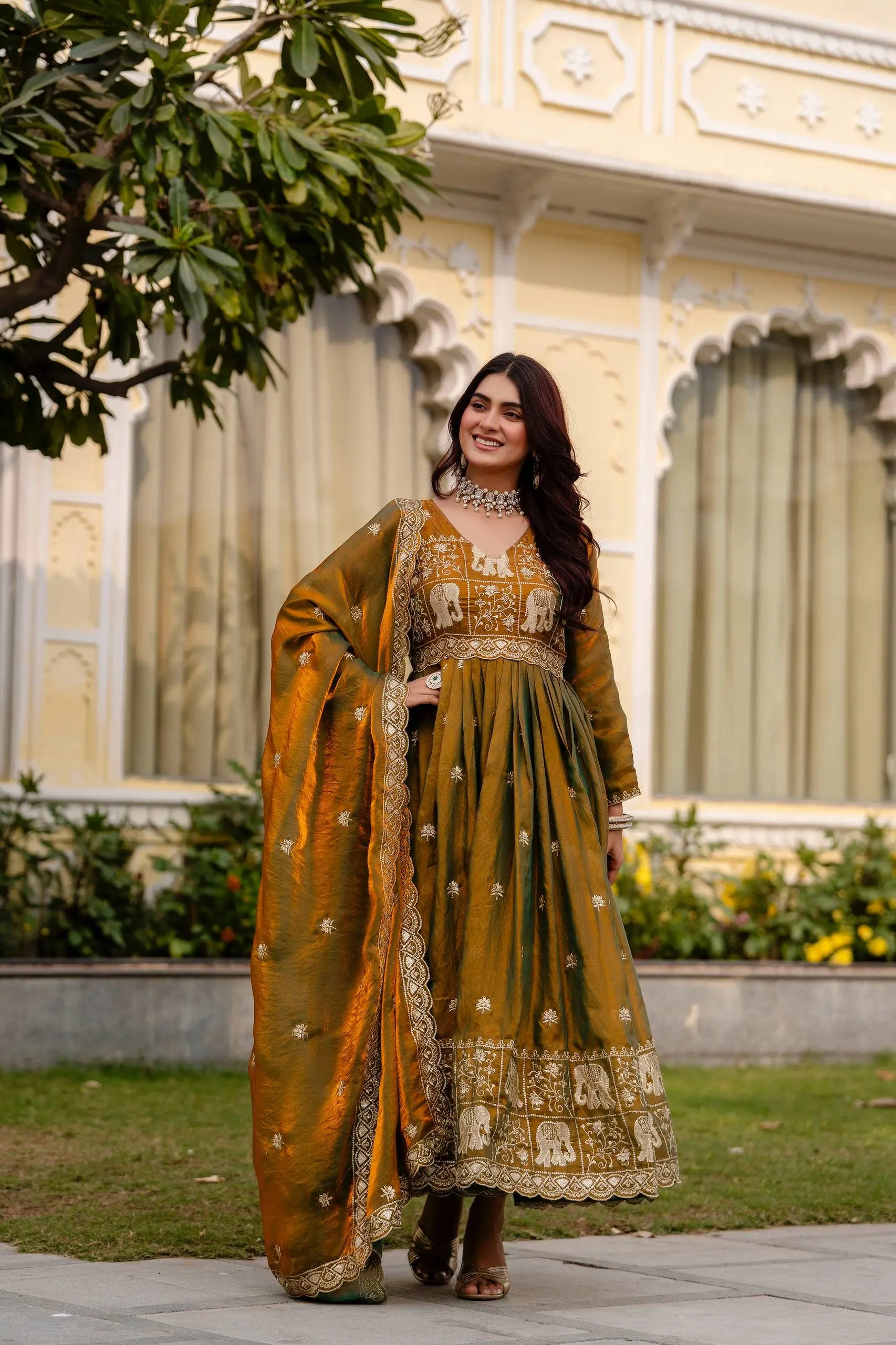 Dual Tone Embroidered Fendy Satin Flared Gown Set