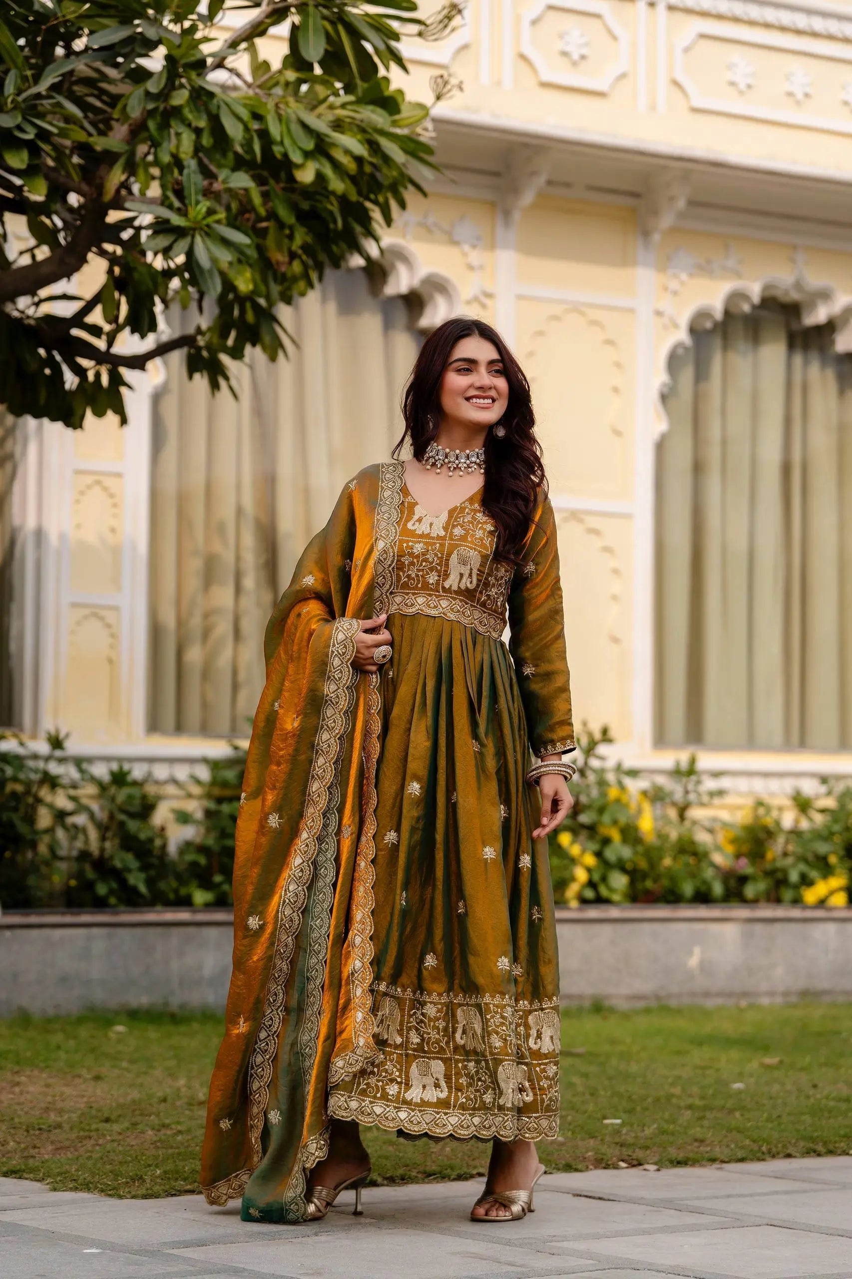 Dual Tone Embroidered Fendy Satin Flared Gown Set