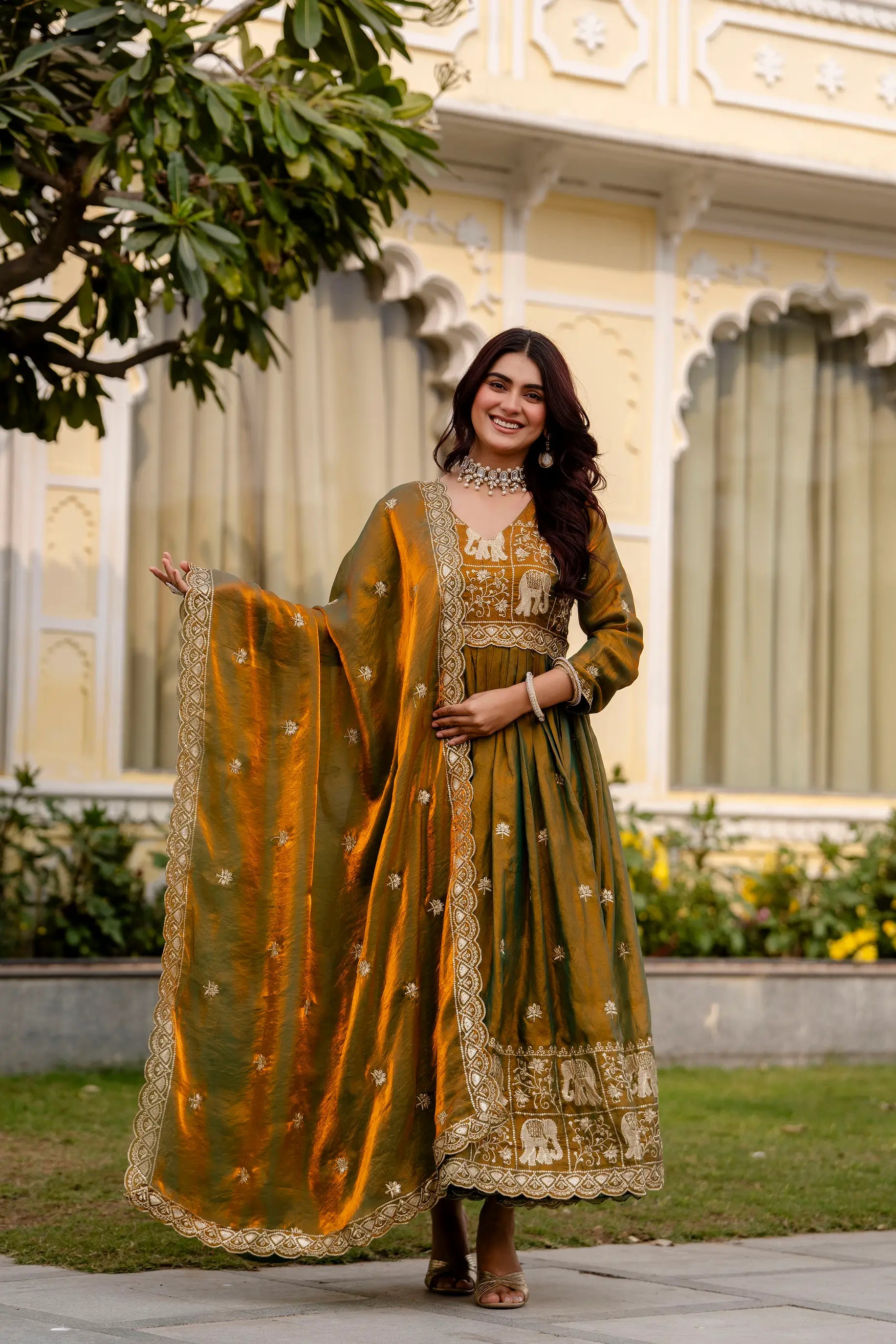 Dual Tone Embroidered Fendy Satin Flared Gown Set