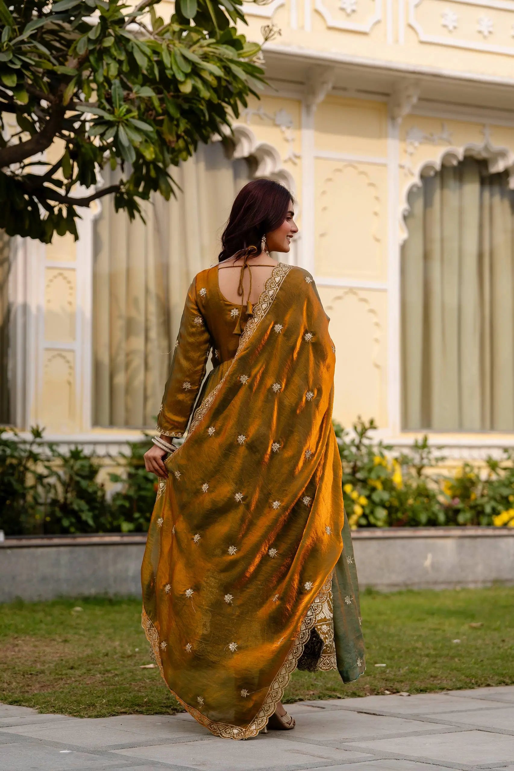 Dual Tone Embroidered Fendy Satin Flared Gown Set