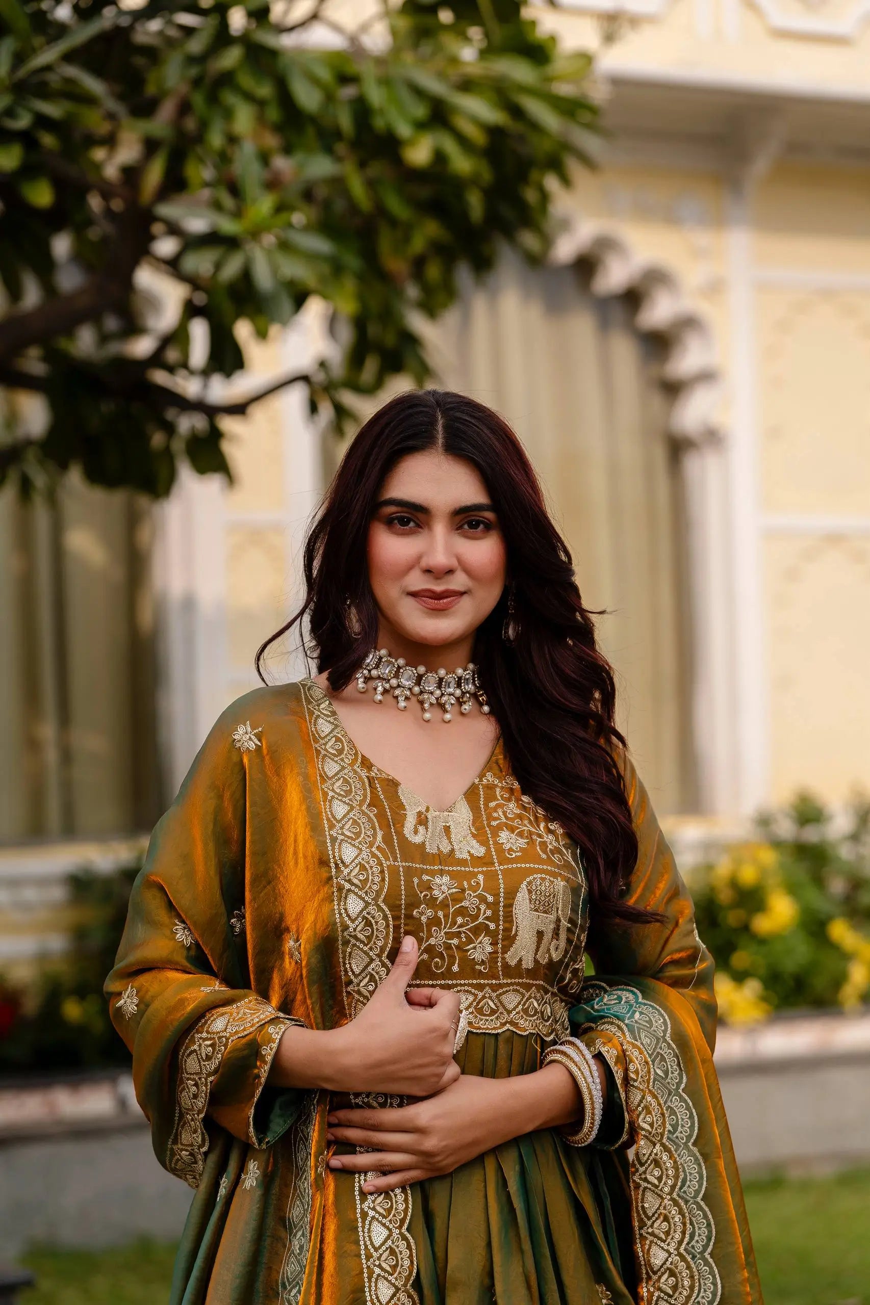 Dual Tone Embroidered Fendy Satin Flared Gown Set
