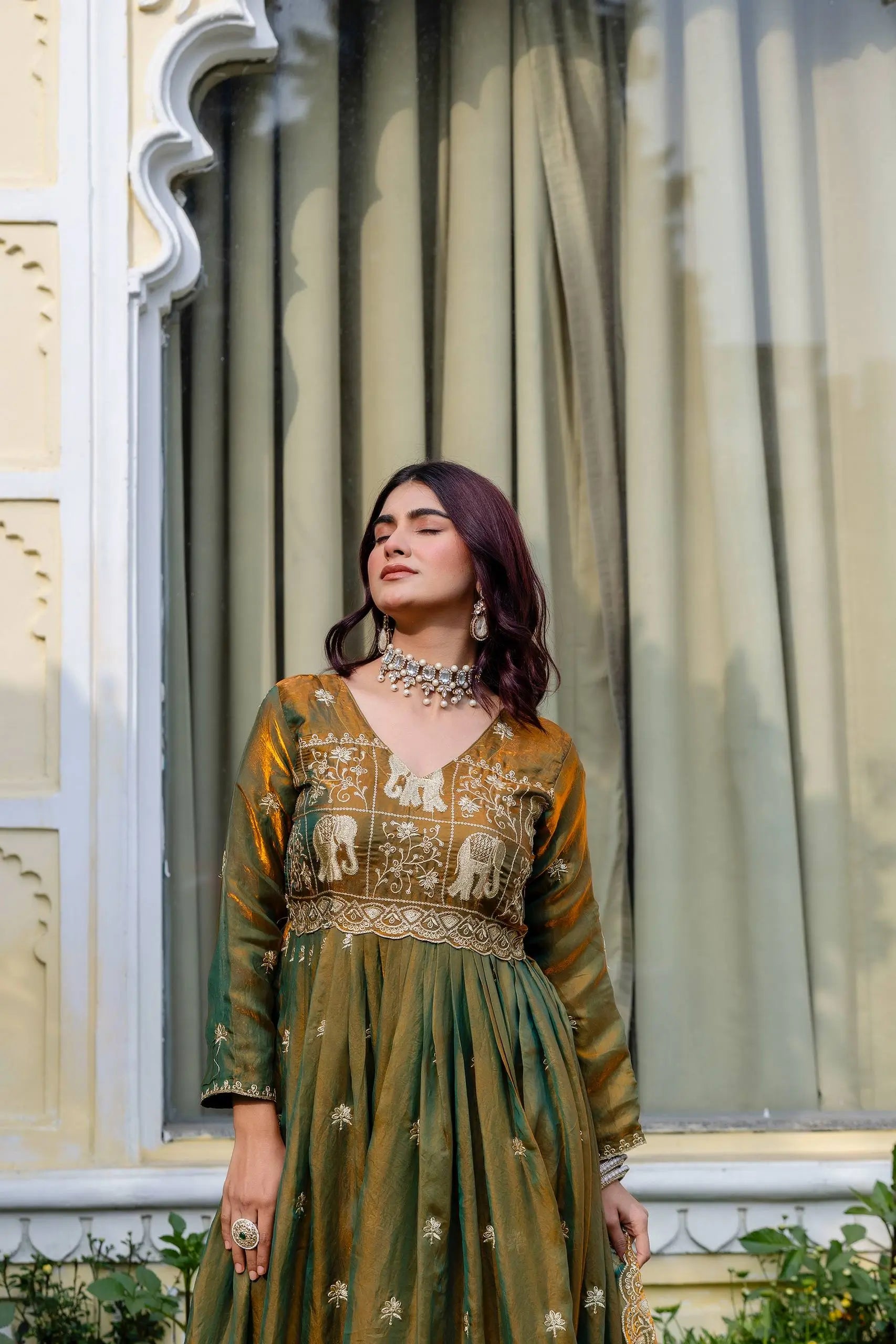 Dual Tone Embroidered Fendy Satin Flared Gown Set