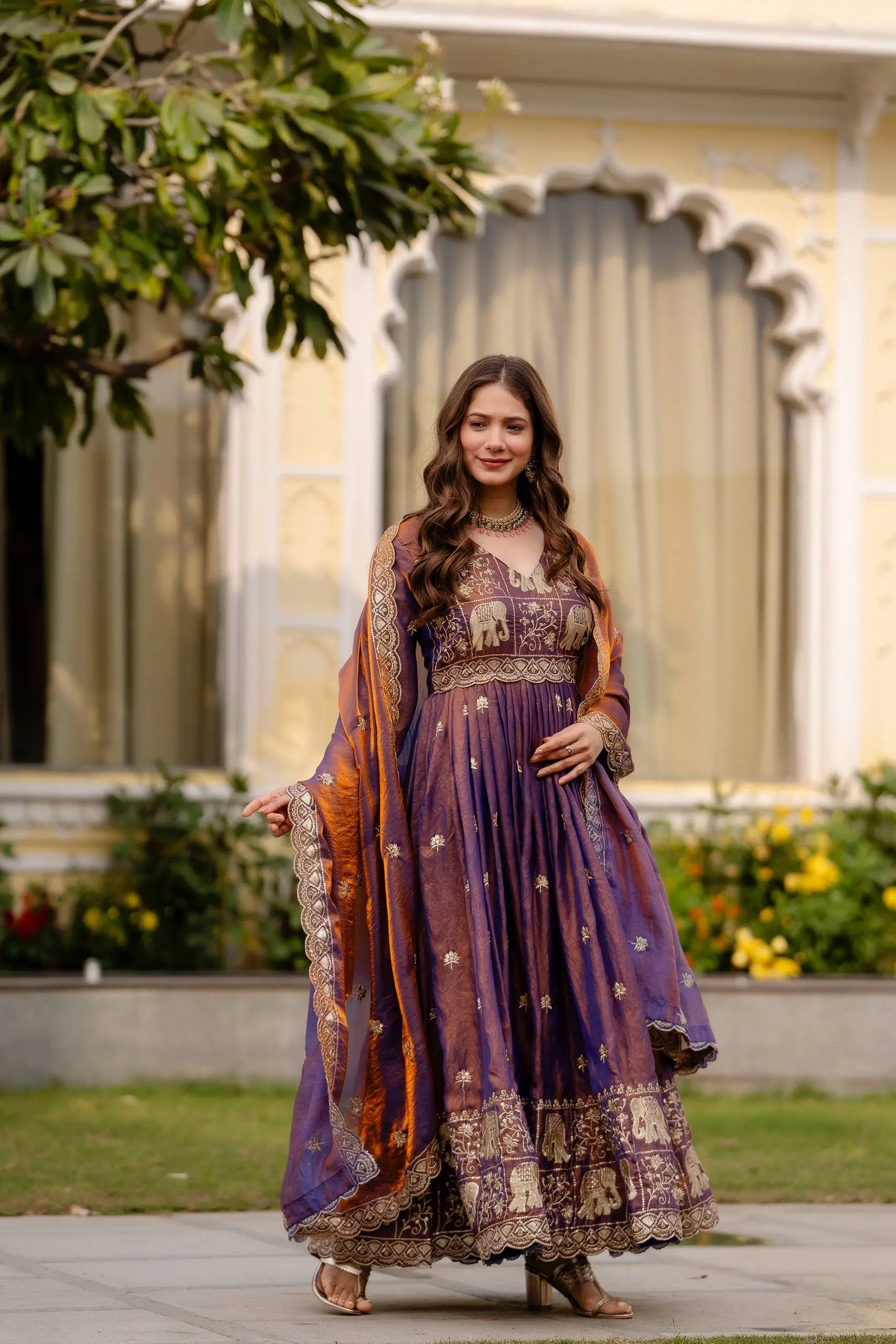 Dual Tone Embroidered Fendy Satin Flared Gown Set