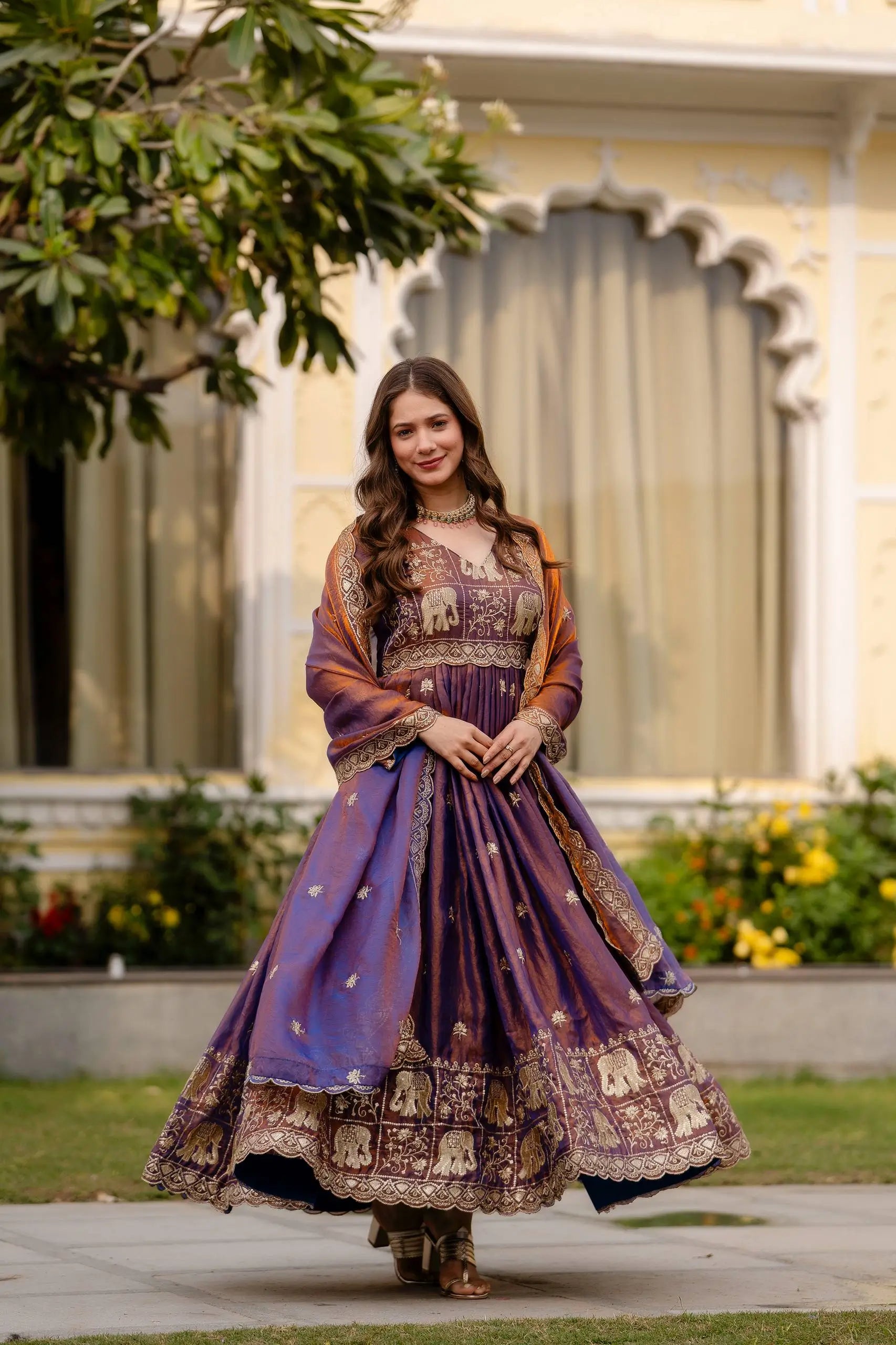 Dual Tone Embroidered Fendy Satin Flared Gown Set