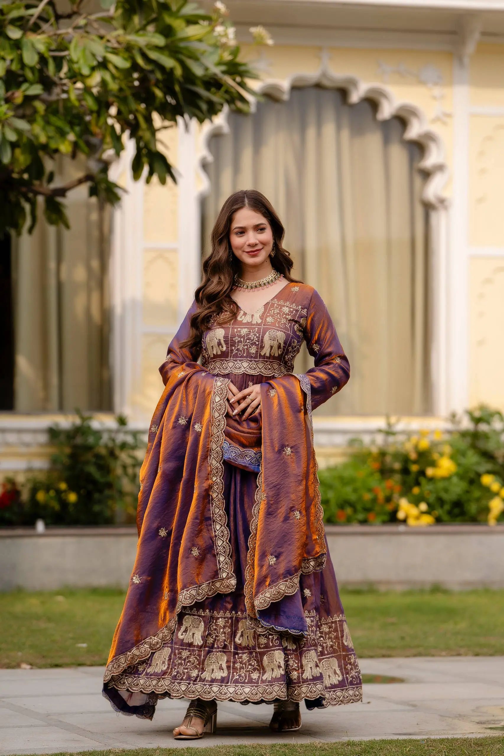 Dual Tone Embroidered Fendy Satin Flared Gown Set
