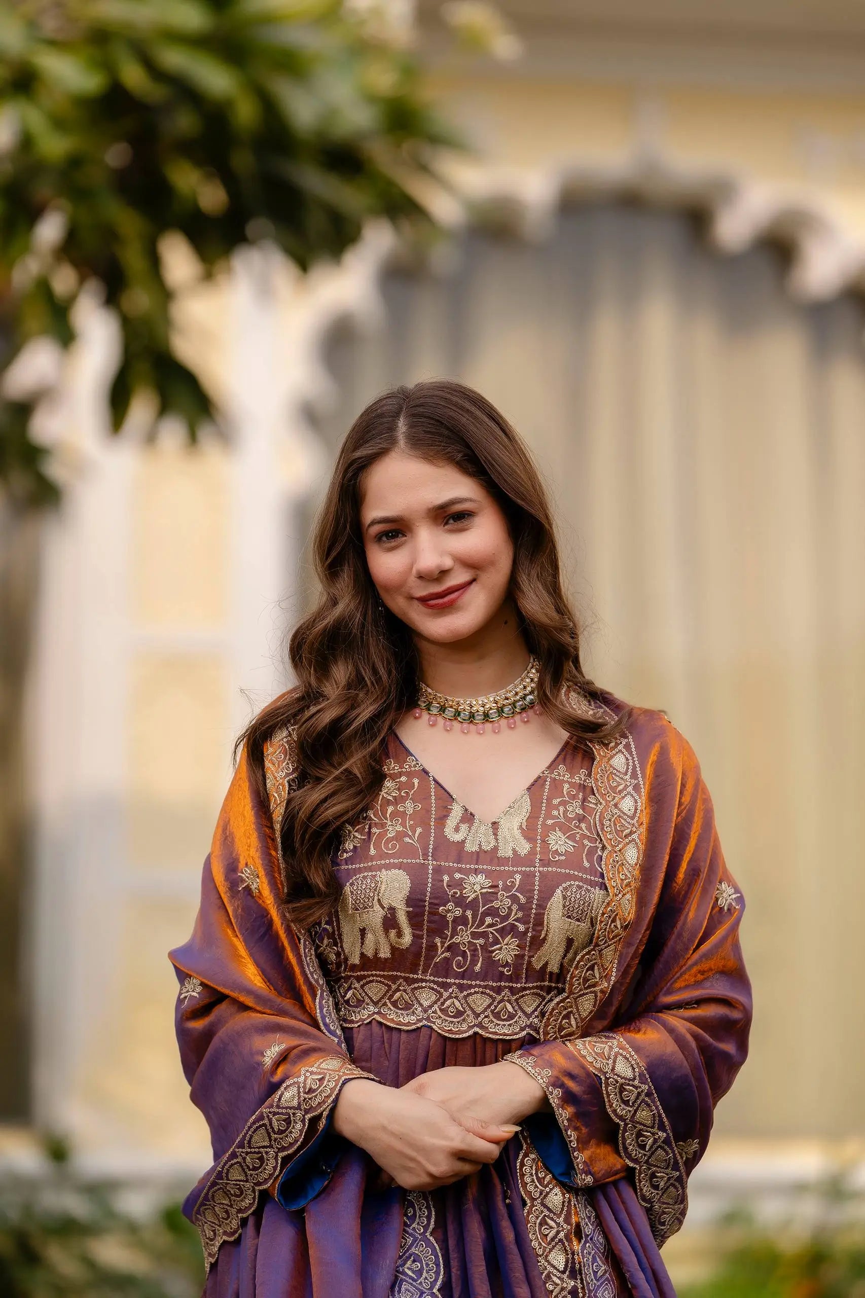 Dual Tone Embroidered Fendy Satin Flared Gown Set