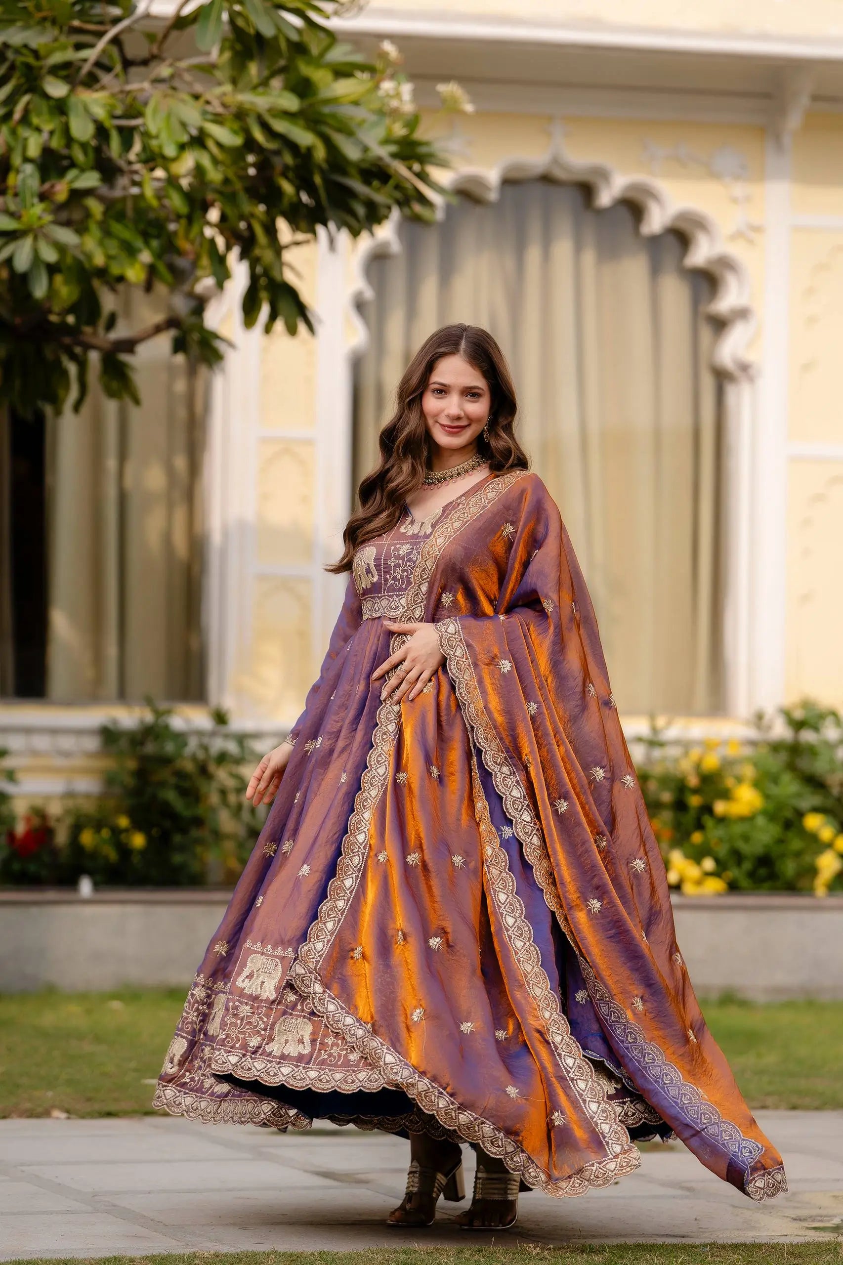 Dual Tone Embroidered Fendy Satin Flared Gown Set