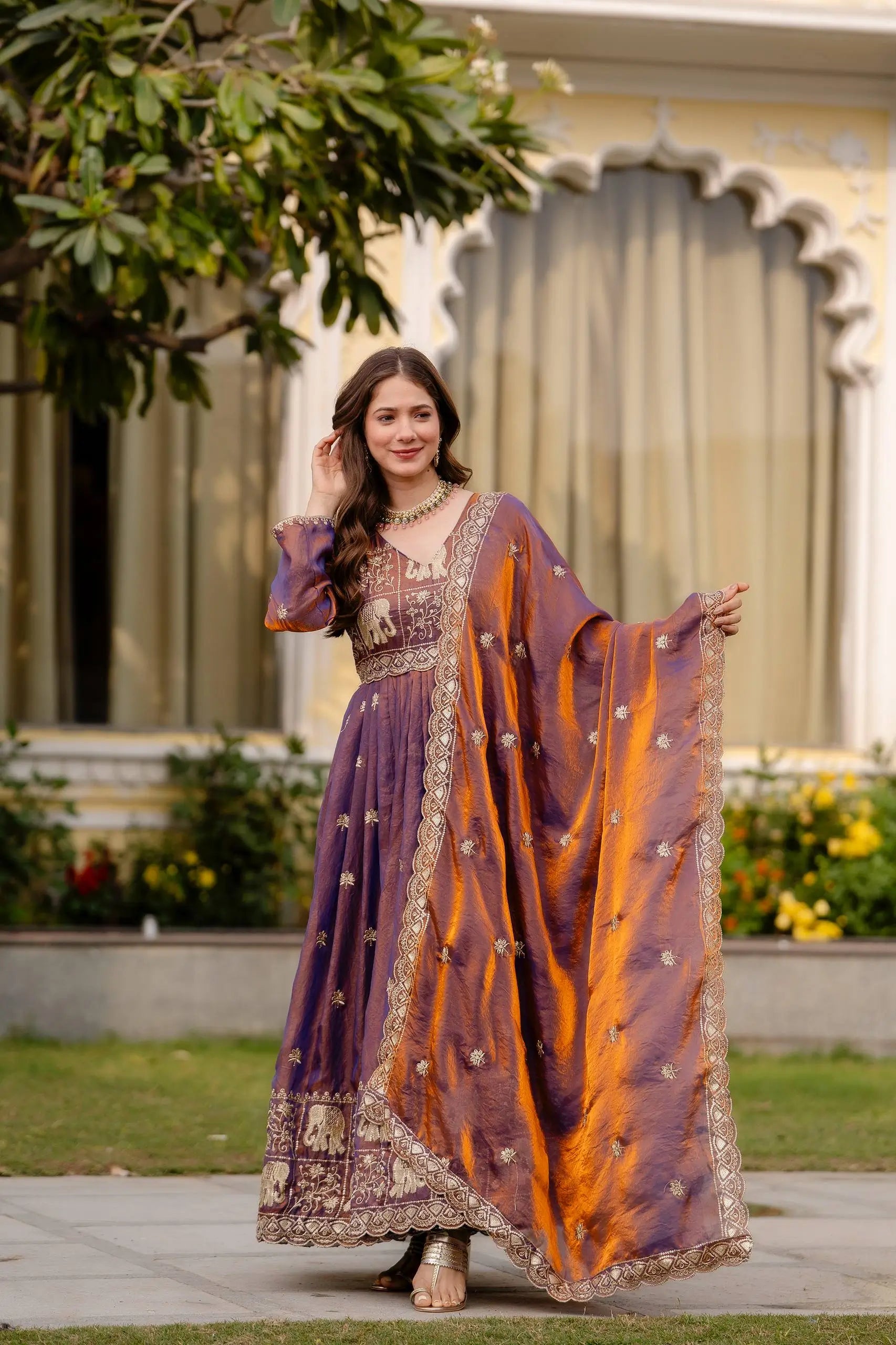 Dual Tone Embroidered Fendy Satin Flared Gown Set