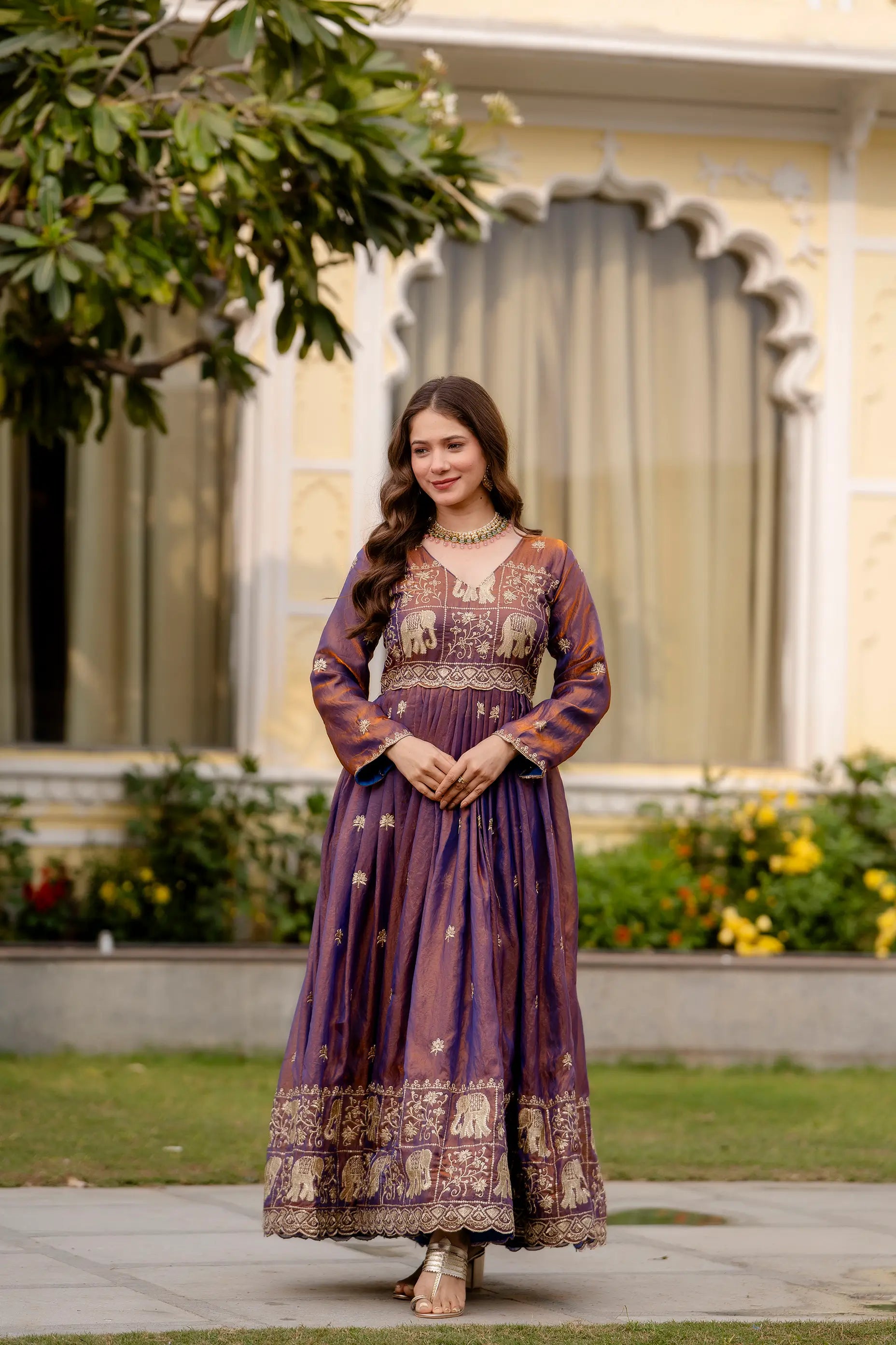 Dual Tone Embroidered Fendy Satin Flared Gown Set