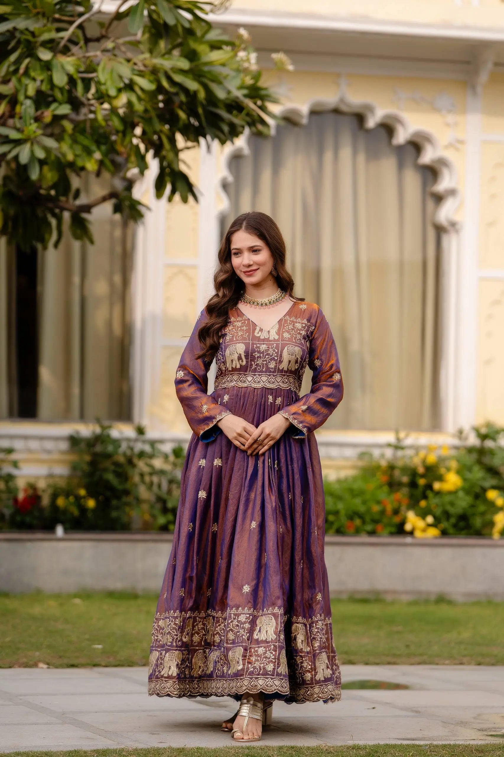 Dual Tone Embroidered Fendy Satin Flared Gown Set