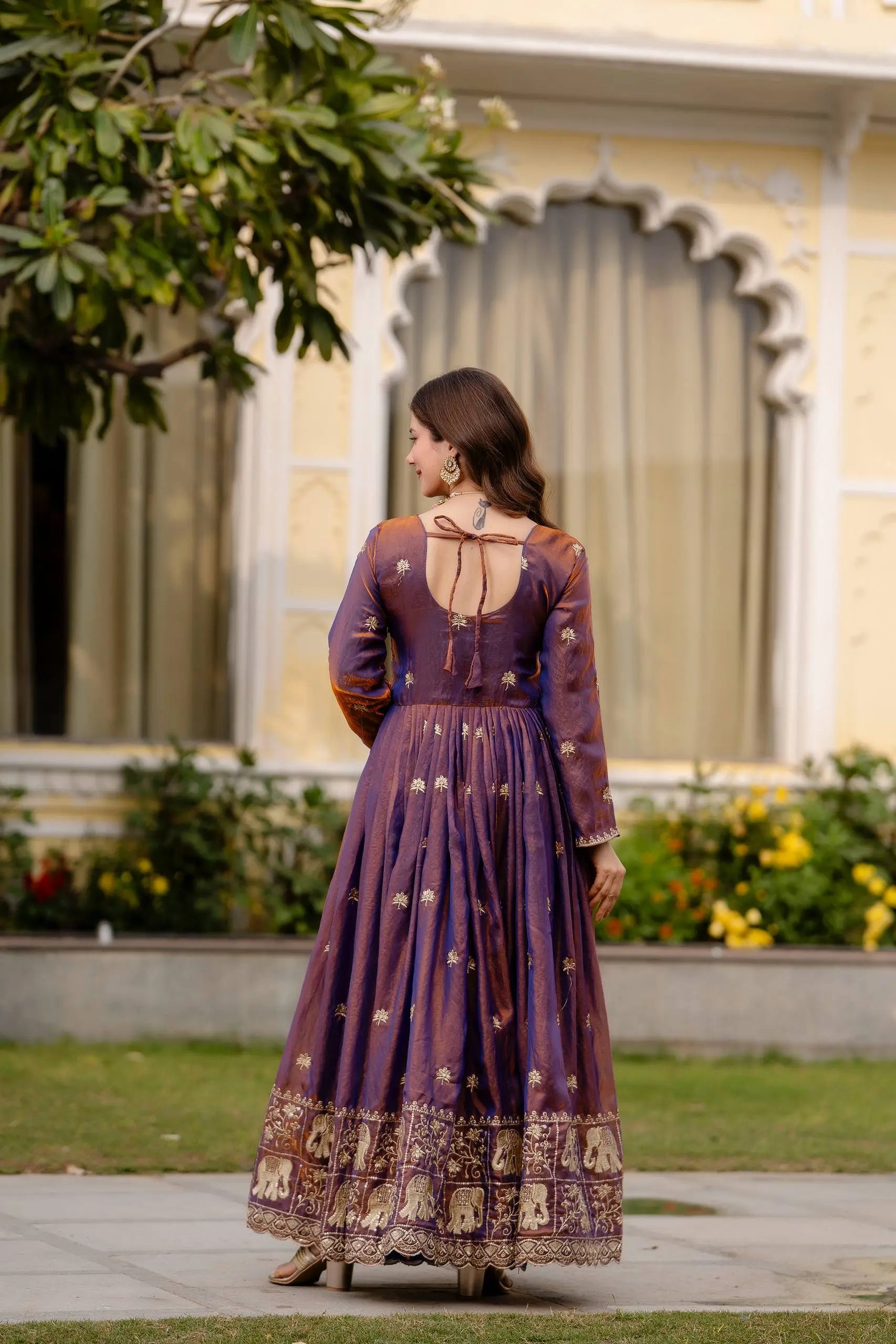 Dual Tone Embroidered Fendy Satin Flared Gown Set
