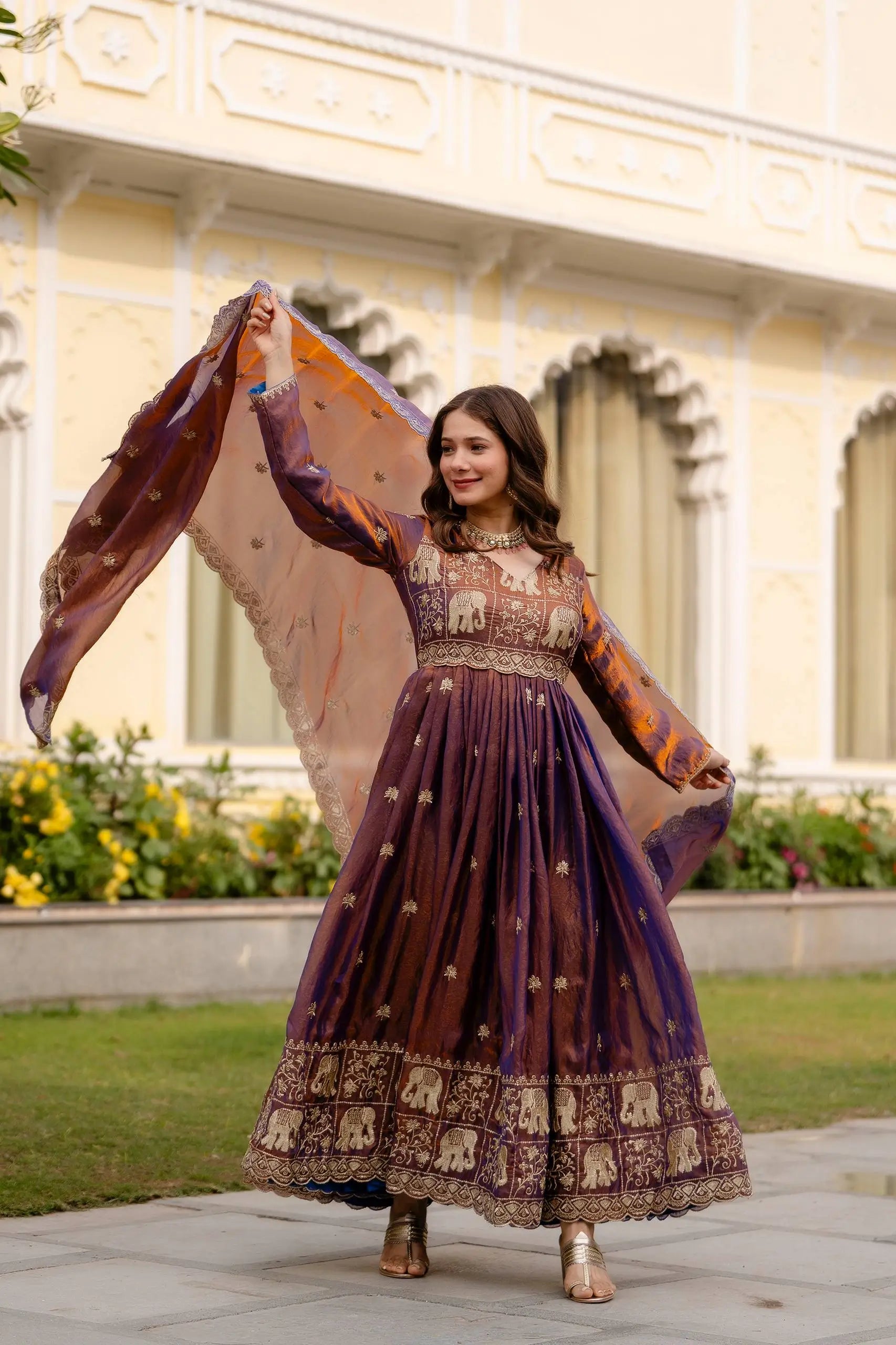 Dual Tone Embroidered Fendy Satin Flared Gown Set