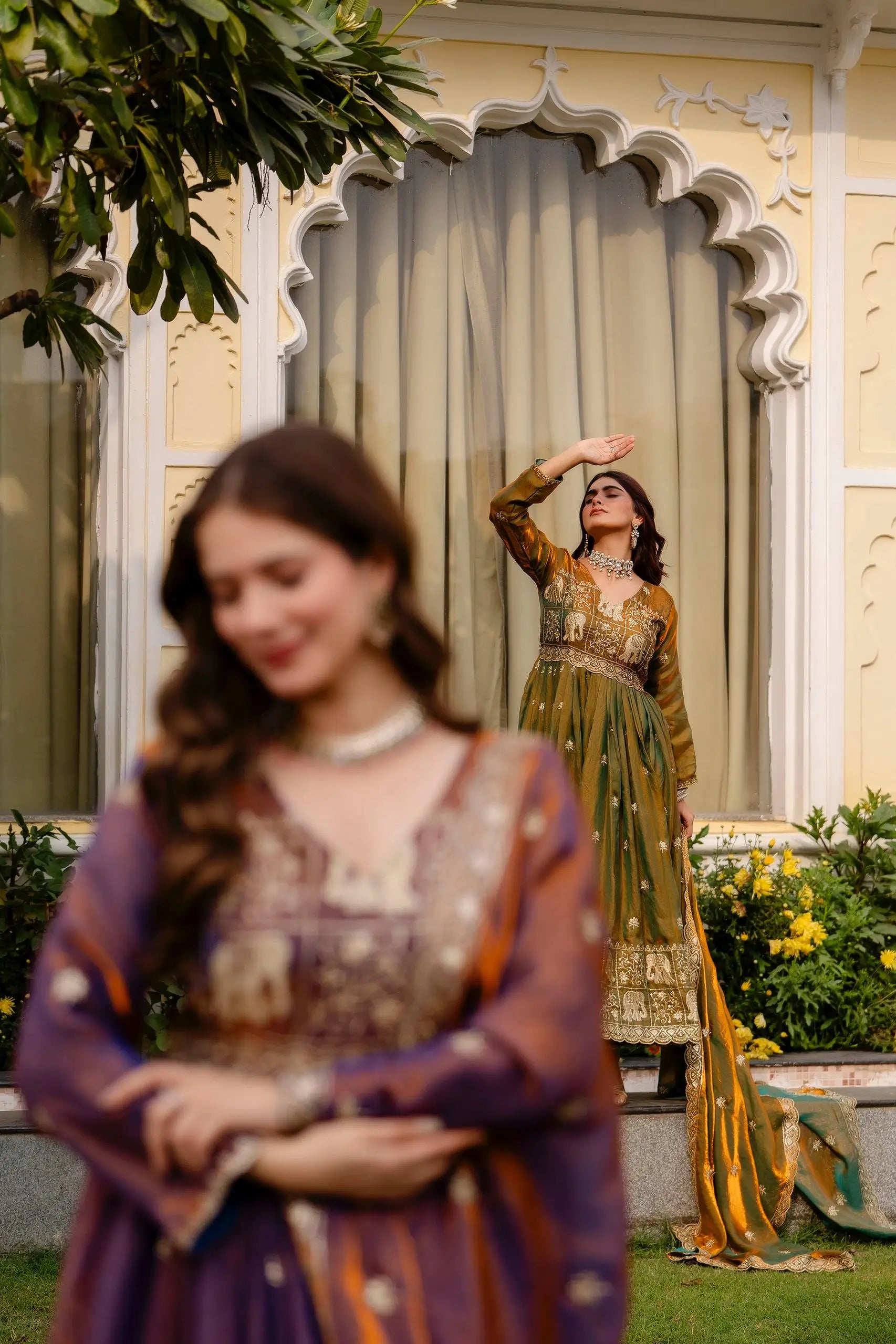 Dual Tone Embroidered Fendy Satin Flared Gown Set